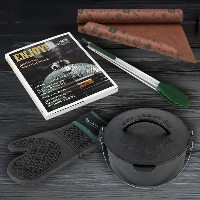 goodies-von-big-green-egg:-journal,-grillzange,-silikonhnadschug,-butcherpapier-und-dutch-oven