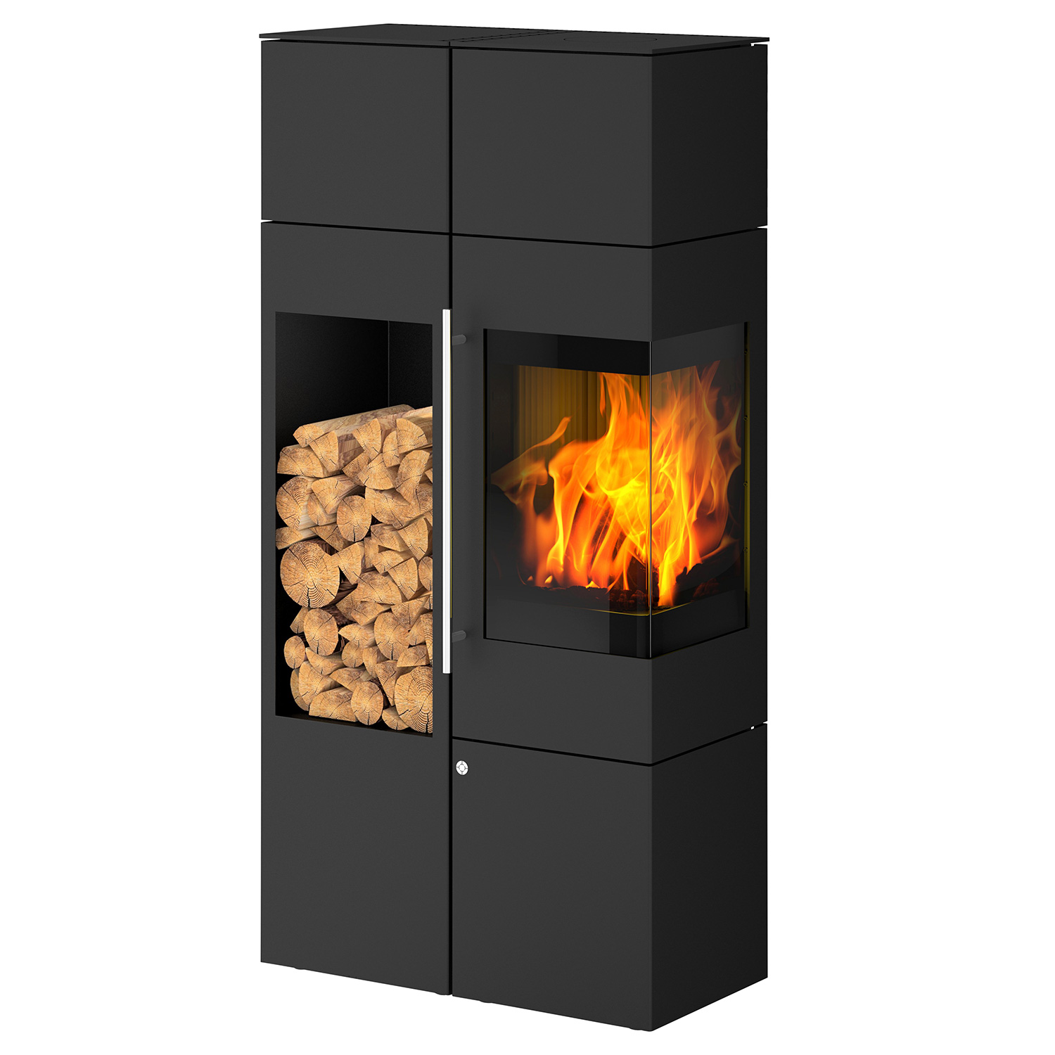 Olsberg Ipala Smart Compact Kaminofen Stahl schwarz, Türanschlag rechts, Stahltür mit Speicheraufsatz und Holzregal links