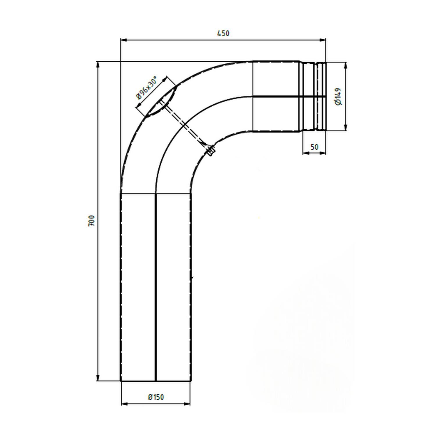 Raik Lifestyle Winkelbogen Durchmesser 150/90° 2,00mm glatt 700/450 mit eingelegter Tür schwarz für Rauchrohr/ Ofenrohr