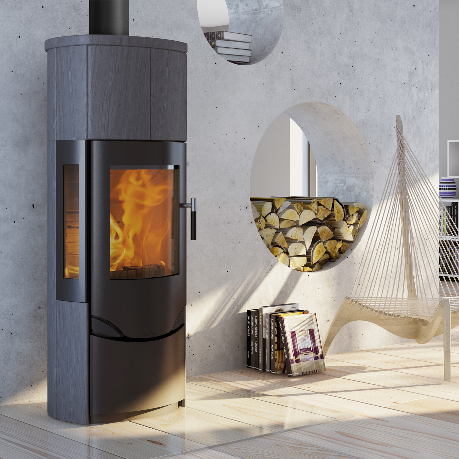 Lotus Prio M Kaminofen Schwarz / Indian Night / Seitenglas, inkl. PowerStones, RR hinten od. RR oben