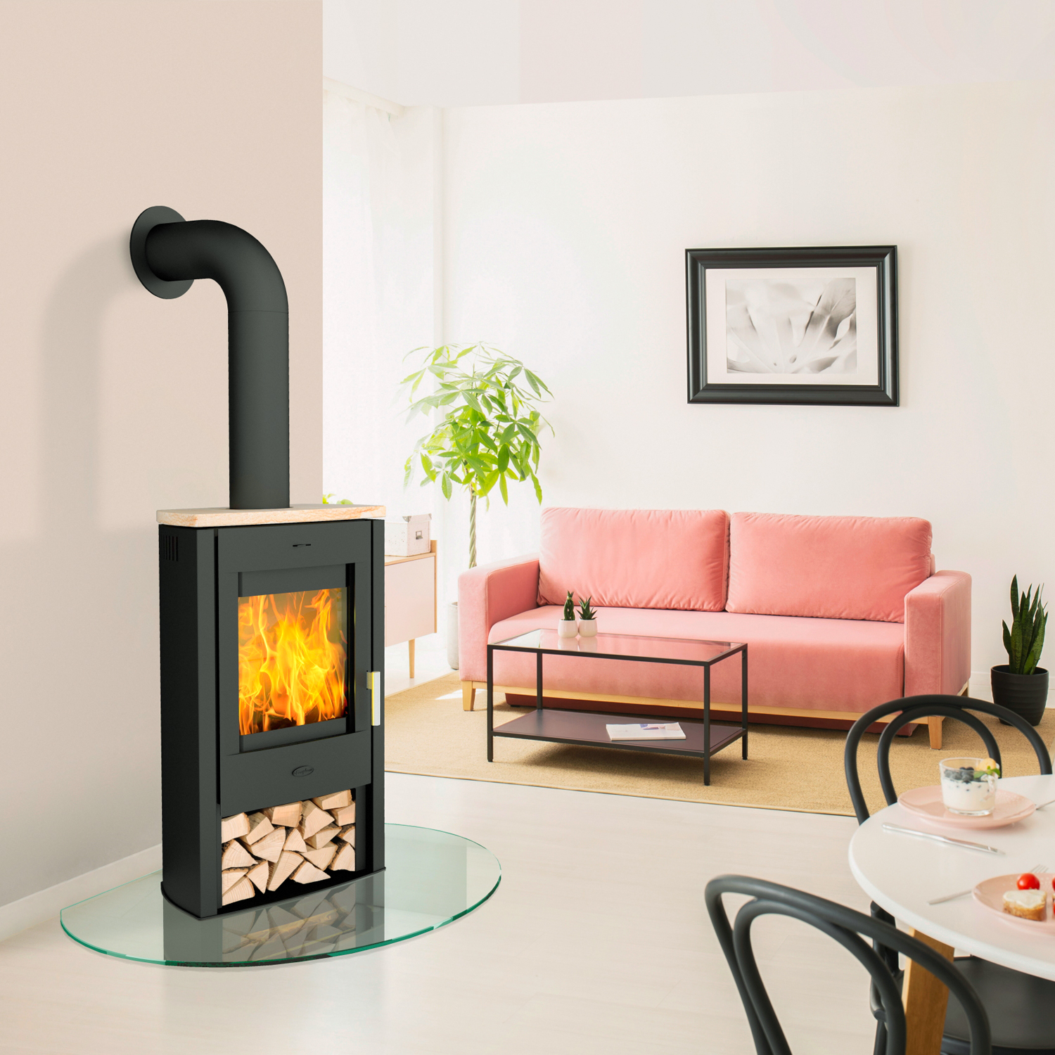 Fireplace Tuvalu Kaminofen Stahl Schwarz | Topplatte Sandstein