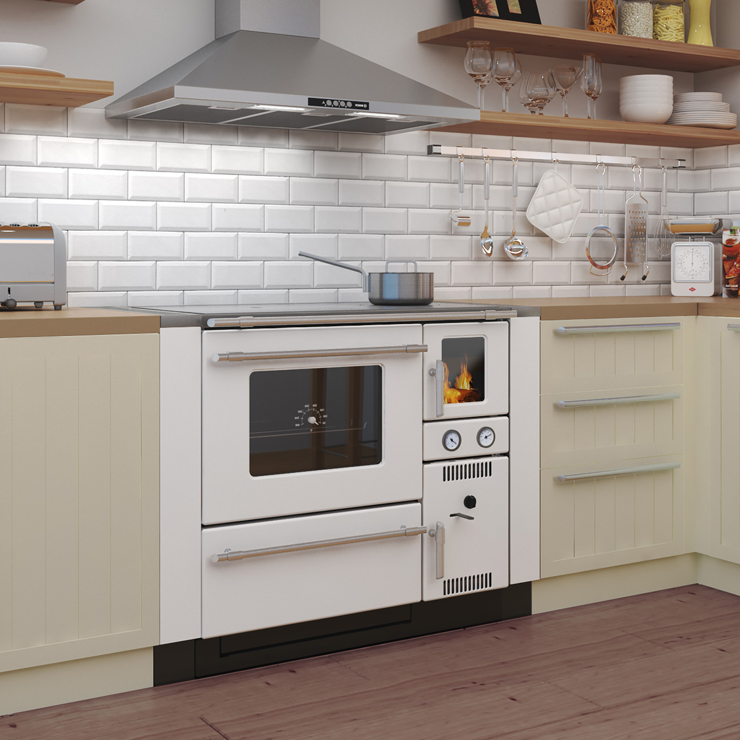 Wamsler K 148 Küchenofen wasserführend Weiß/Matt, Rauchrohr links Wamsler K 148 Küchenofen wasserführend Weiß/Matt, Rauchrohr links