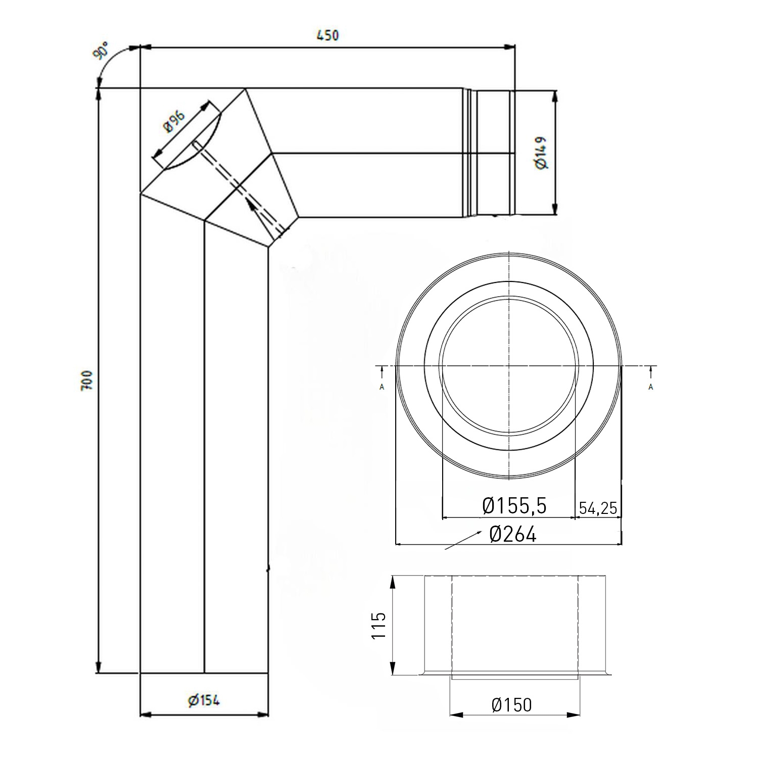 Raik WBG Set Lifestyle Durchmesser 150/90° 2,00mm 3-tlg 700/450 mit eingelegter Tür mit Dichtung schwarz für Rauchrohr/ Ofenrohr