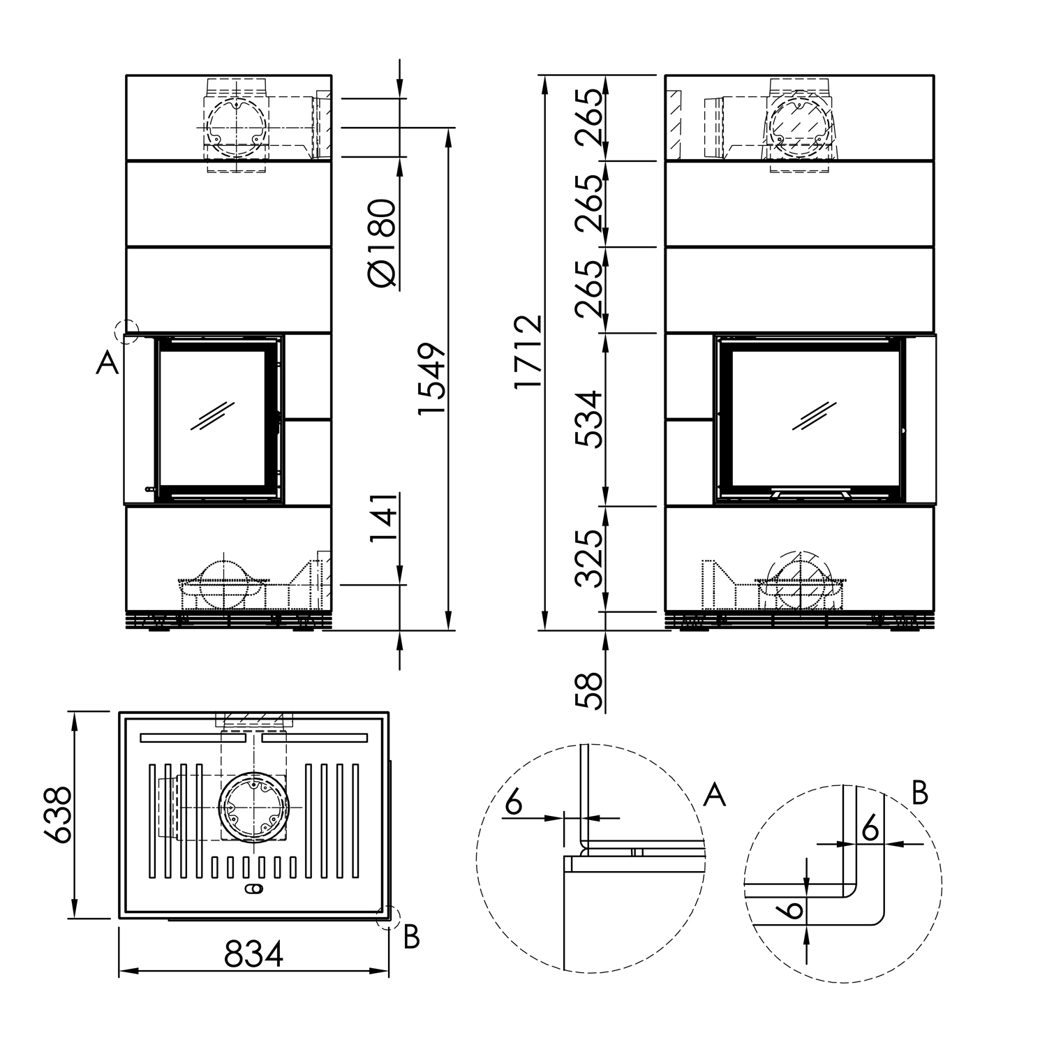 Spartherm wasserführender Kaminbausatz SIM 1/3/Varia 2L-55h-4S H2O Feinbeton