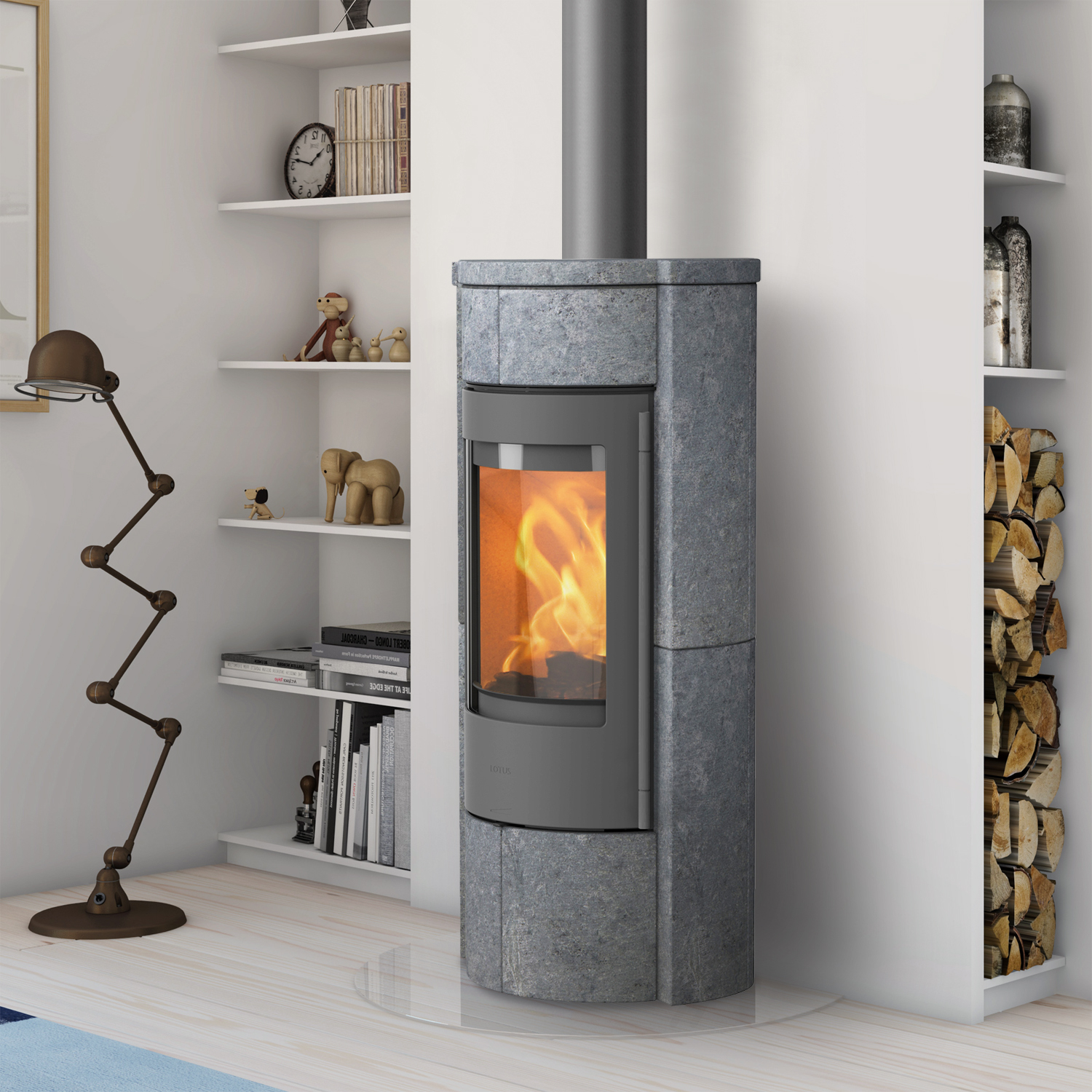 Lotus Prestige M Kaminofen Grau Speckstein, inkl. PowerStones, DIBt