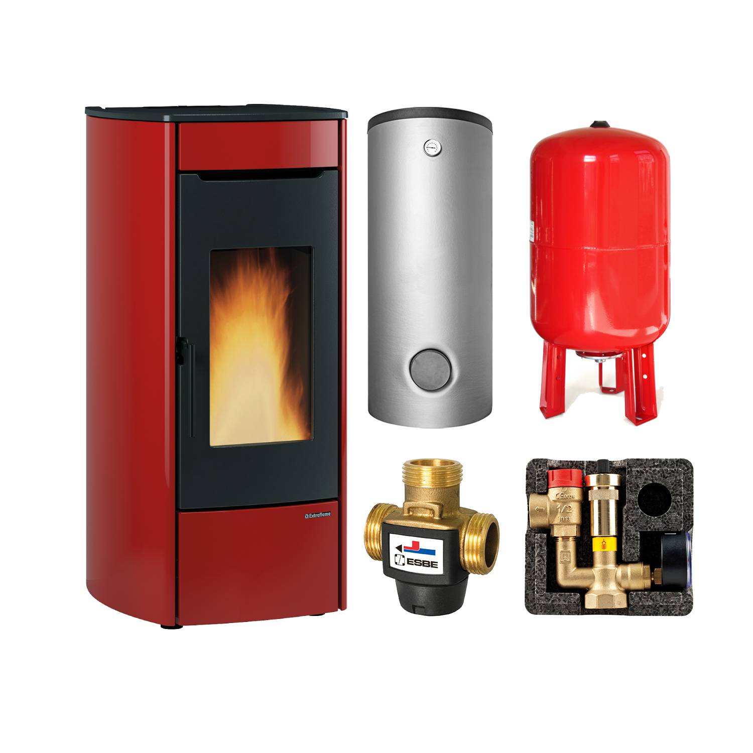 Extraflame Marina Idro 16 H13 wasserführender Pelletofen Stahl Bordeaux - THKE 600 Kombi-Speicher montiert silber 1x WT -Heizungsausdehnungsgefäß 80 L