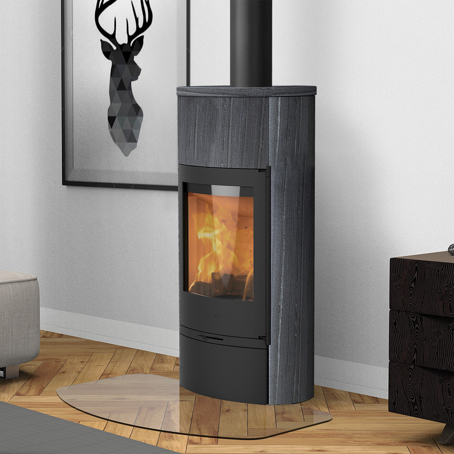 Lotus Jubilee 35M Kaminofen Schwarz/ Speckstein, Rauchabgang hinten + 1 m³ Kaminholz gratis