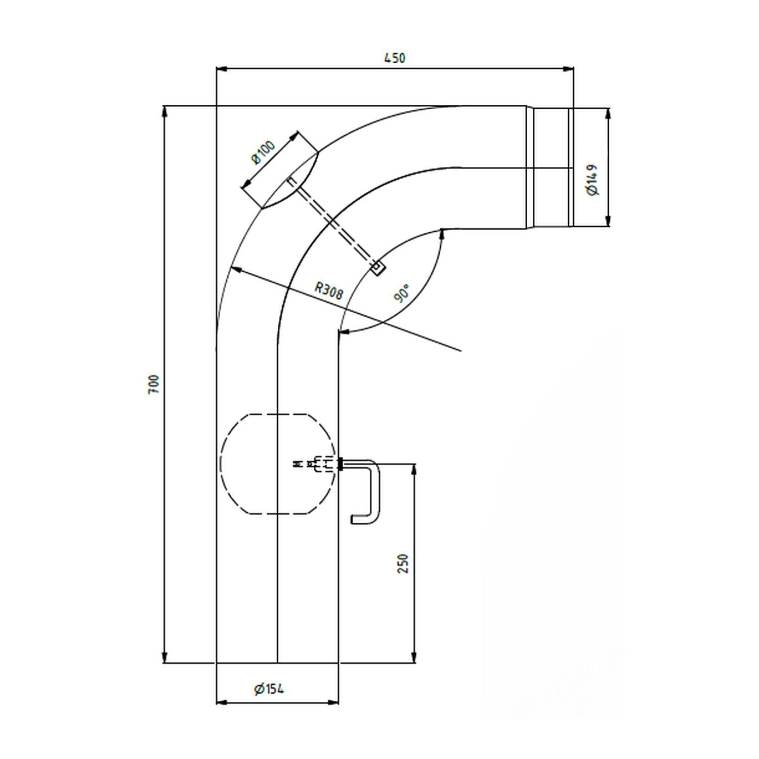 Raik Lifestyle Winkelbogen Durchmesser 150/90° 2,00mm glatt 700/450 mit eingelegter Tür, mit DKL grau für Rauchrohr/ Ofenrohr