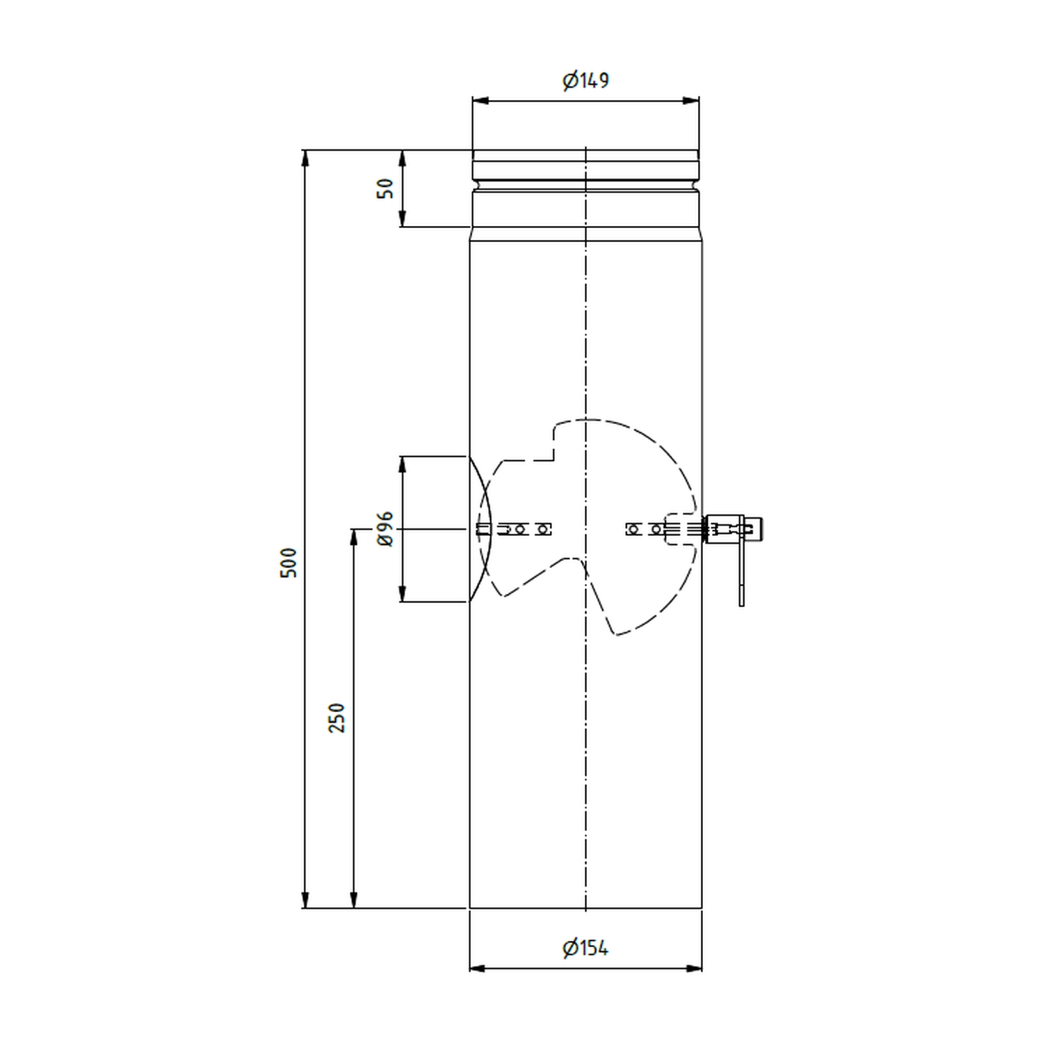 Raik Rohr LS Durchmesser 150x500x2,00mm eingezogen mit eingelegter Tür mit Drosselklappe schwarz
