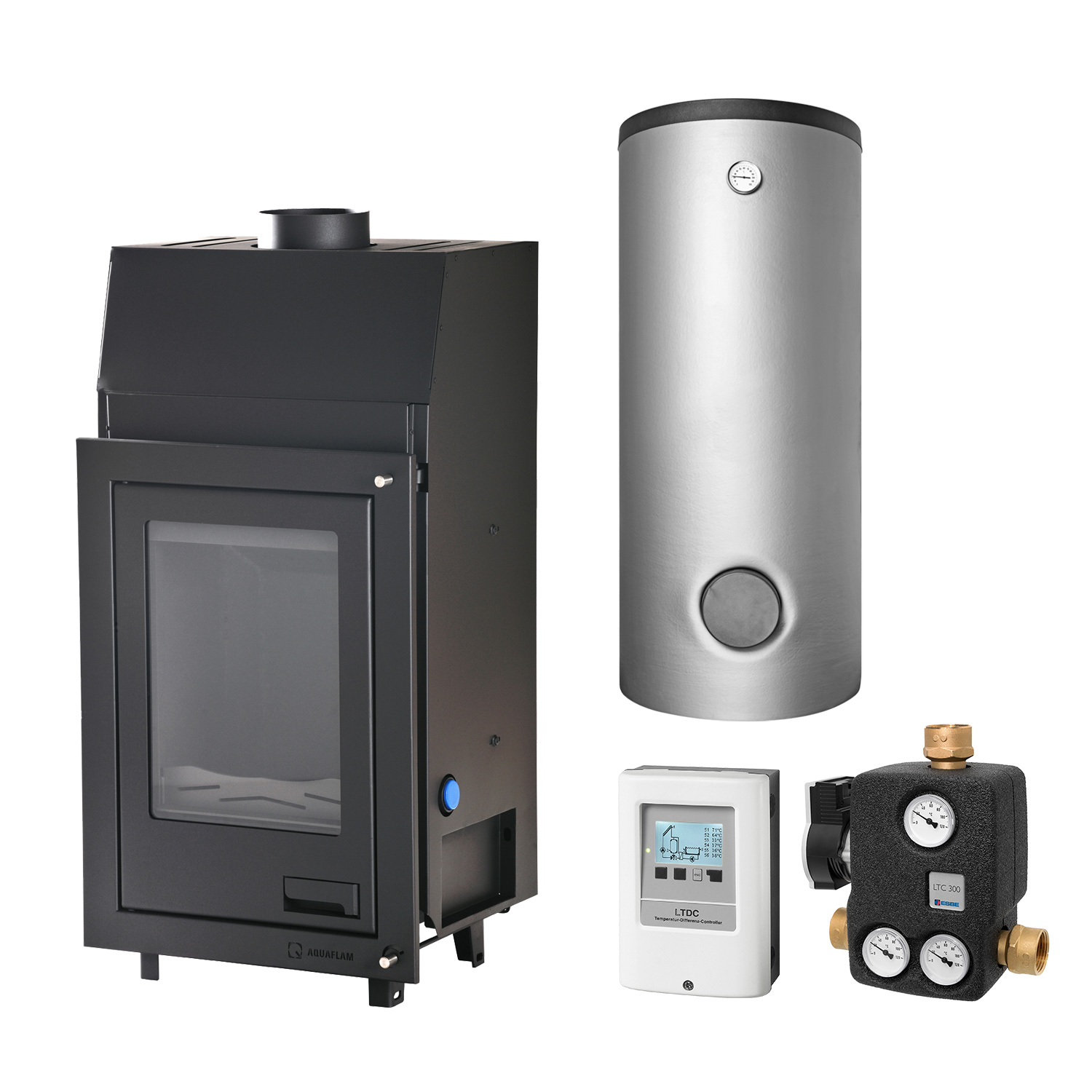 Aquaflam 12 Basic Wasserführender Kamineinsatz Komplett-Set Pufferspeicher TPSR 500 + 1 SWT
