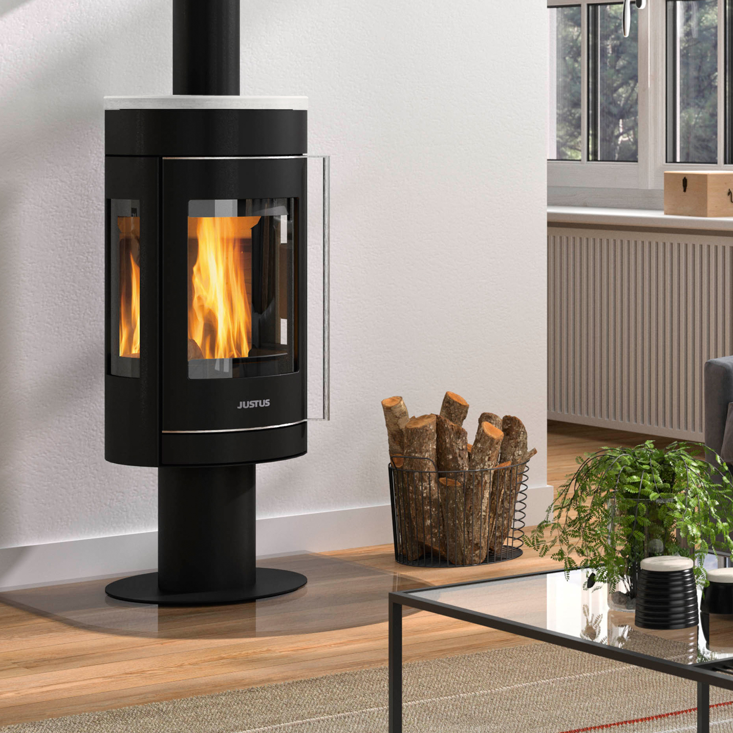 Justus Meva Kaminofen Stahl Schwarz / Topplatte Keramik Seidenweiß Justus Meva Kaminofen Stahl Schwarz / Topplatte Keramik Seidenweiß