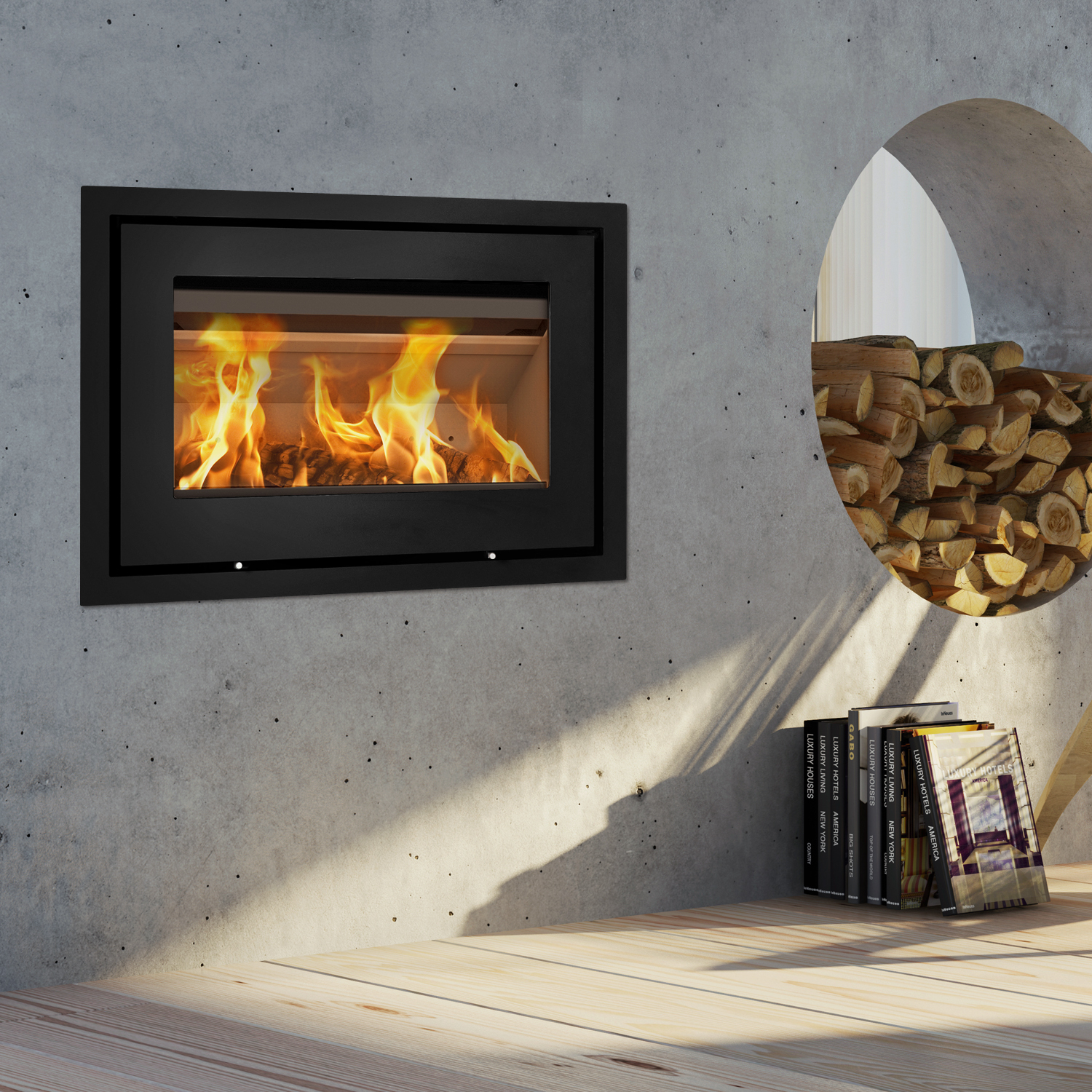 Lotus H470 Kamineinsatz Schwarz / Scharniere links inkl. Standard Umrahmung / optional Griffvarianten