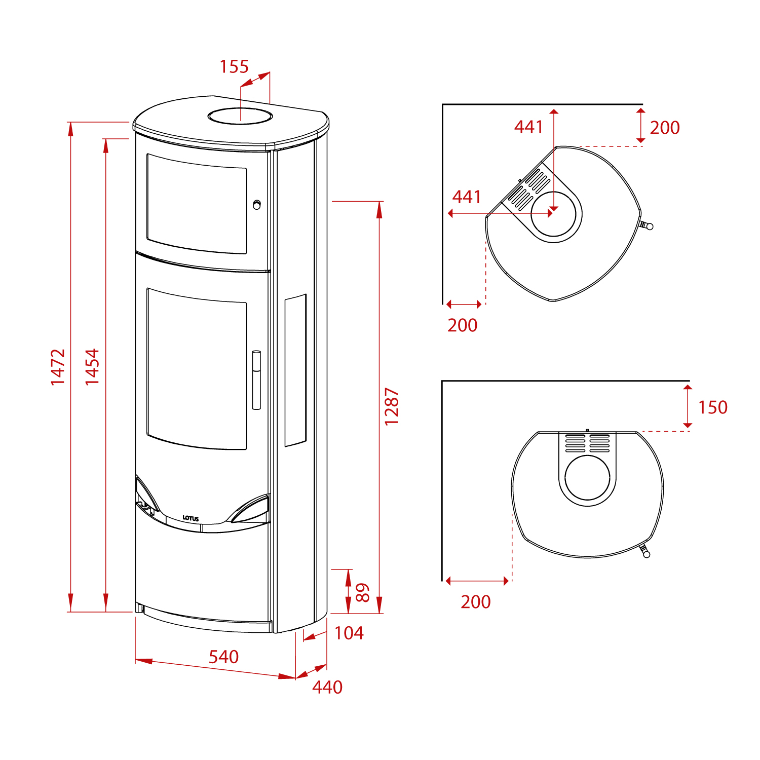 Lotus Prio 7 Kaminofen Stahl Grau mit Backfach / Seitenglas , RR hinten od. RR oben