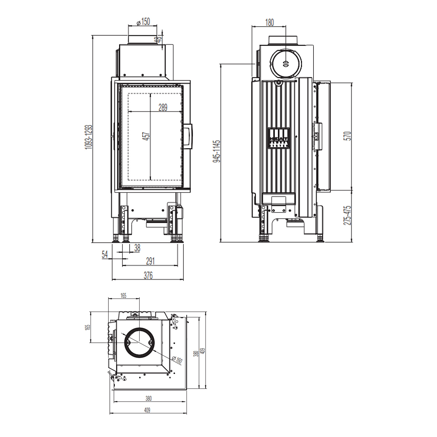 Austroflamm 38x38x57 K 2.0 Kamineinsatz Ecke links Feuerraum Schwarz