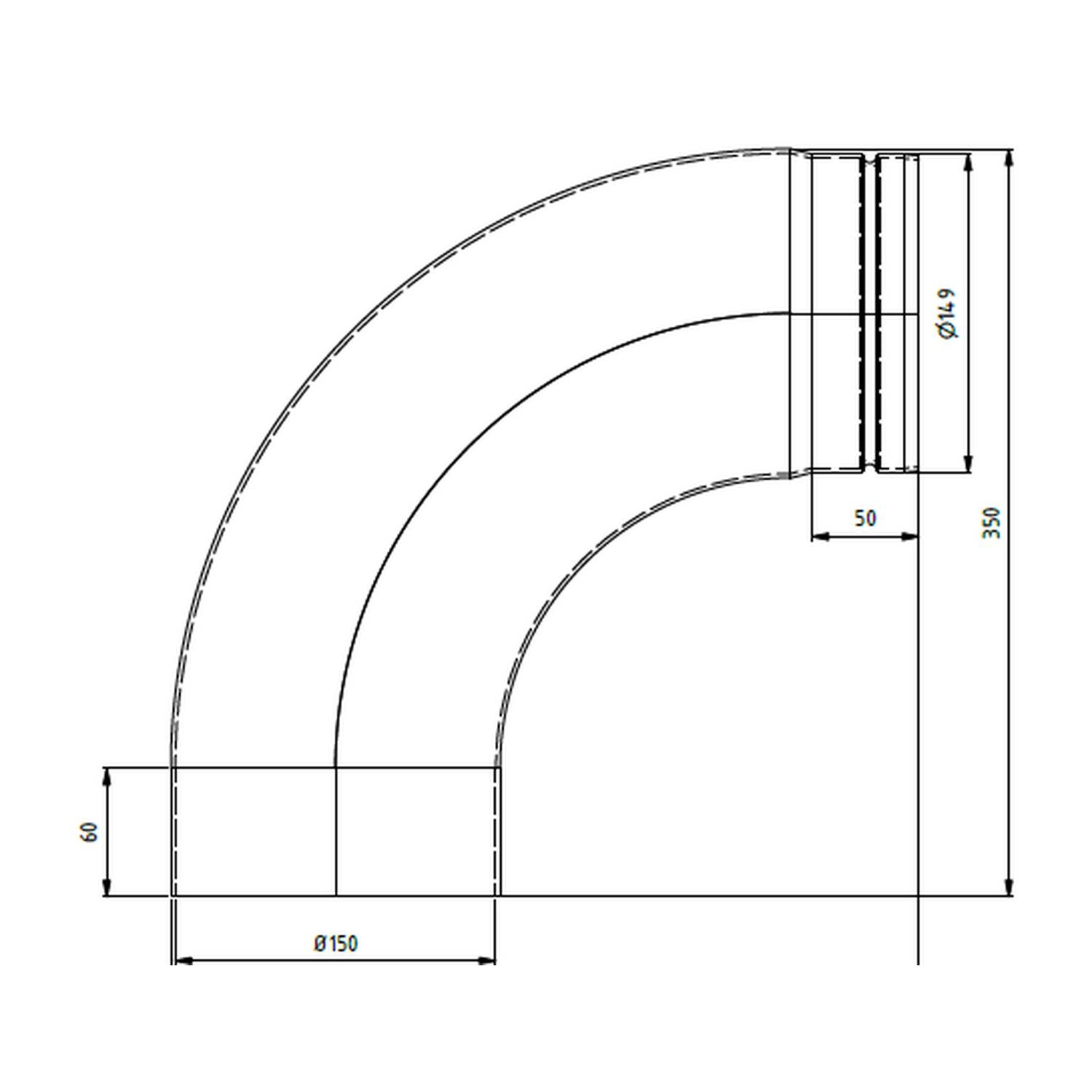 Raik Lifestyle Bogen Durchmesser 150/90° 2,00mm eingezogen glatt mit Dichtung schwarz für Rauchrohr/ Ofenrohr