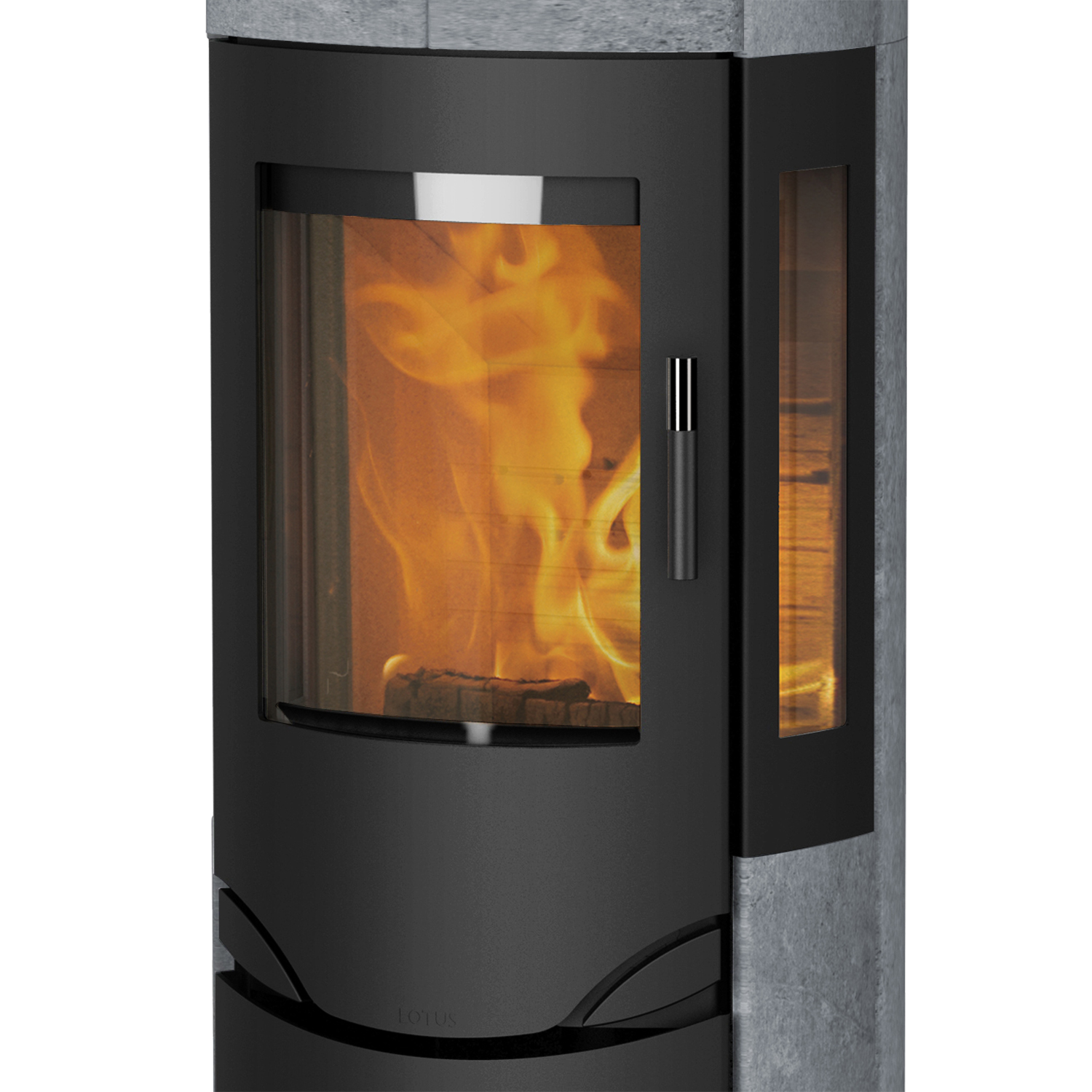 Lotus Prio M Kaminofen Schwarz/ Speckstein/ Seitenglas, Rauchabgang oben