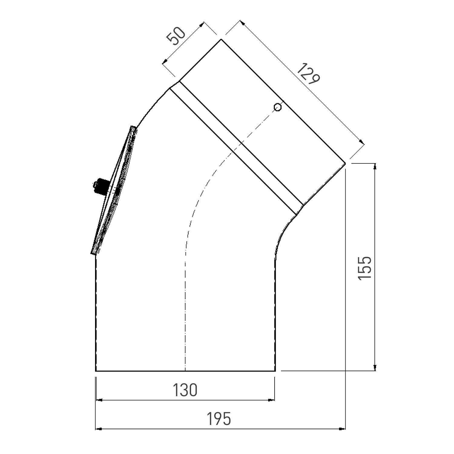 Raik Rauchrohrbogen / Ofenrohrbogen Emaille 130mm - 45° Bogen glatt Schwarz mit Reinigungsöffnung Raik Rauchrohrbogen / Ofenrohrbogen Emaille 130mm - 45° Bogen glatt Schwarz mit Reinigungsöffnung