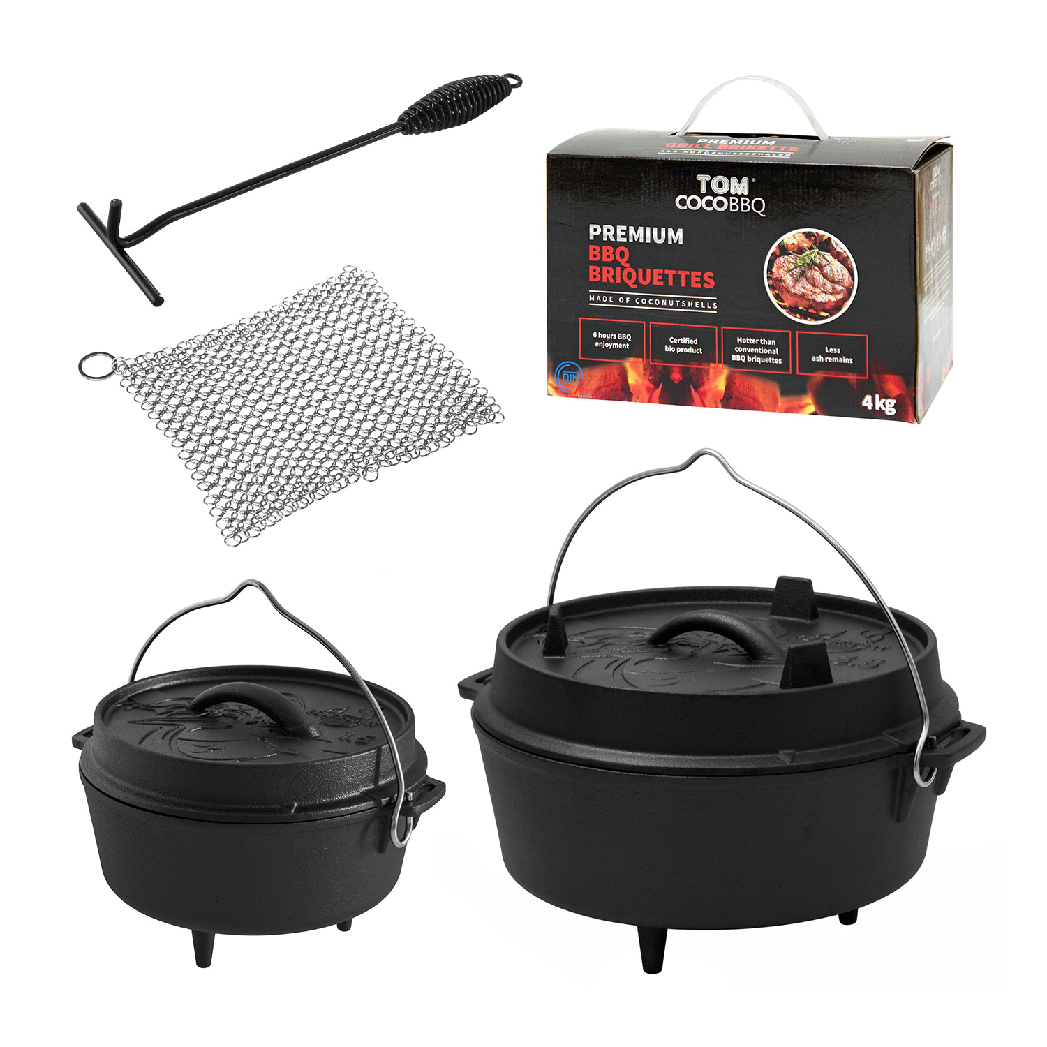 FEUERGOTT Dutch Oven 3,5 l mit Füßen + Dutch Oven 1,5 l mit Füßen + Deckelheber + Ringreiniger + Grill-Briketts