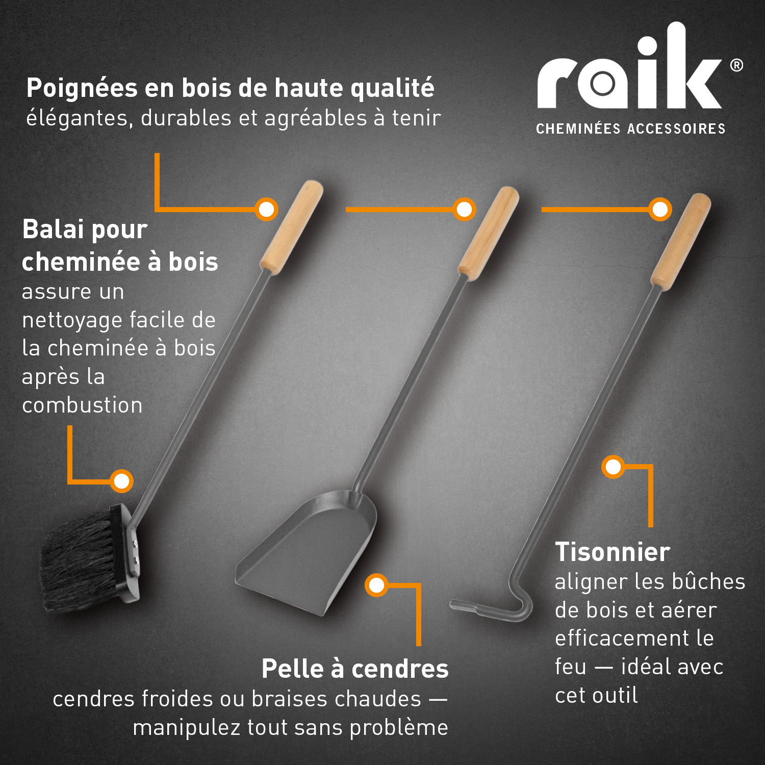 Raik Kaminbesteck Otto, 3-teilig, grau, Holzgriffe, 64 cm