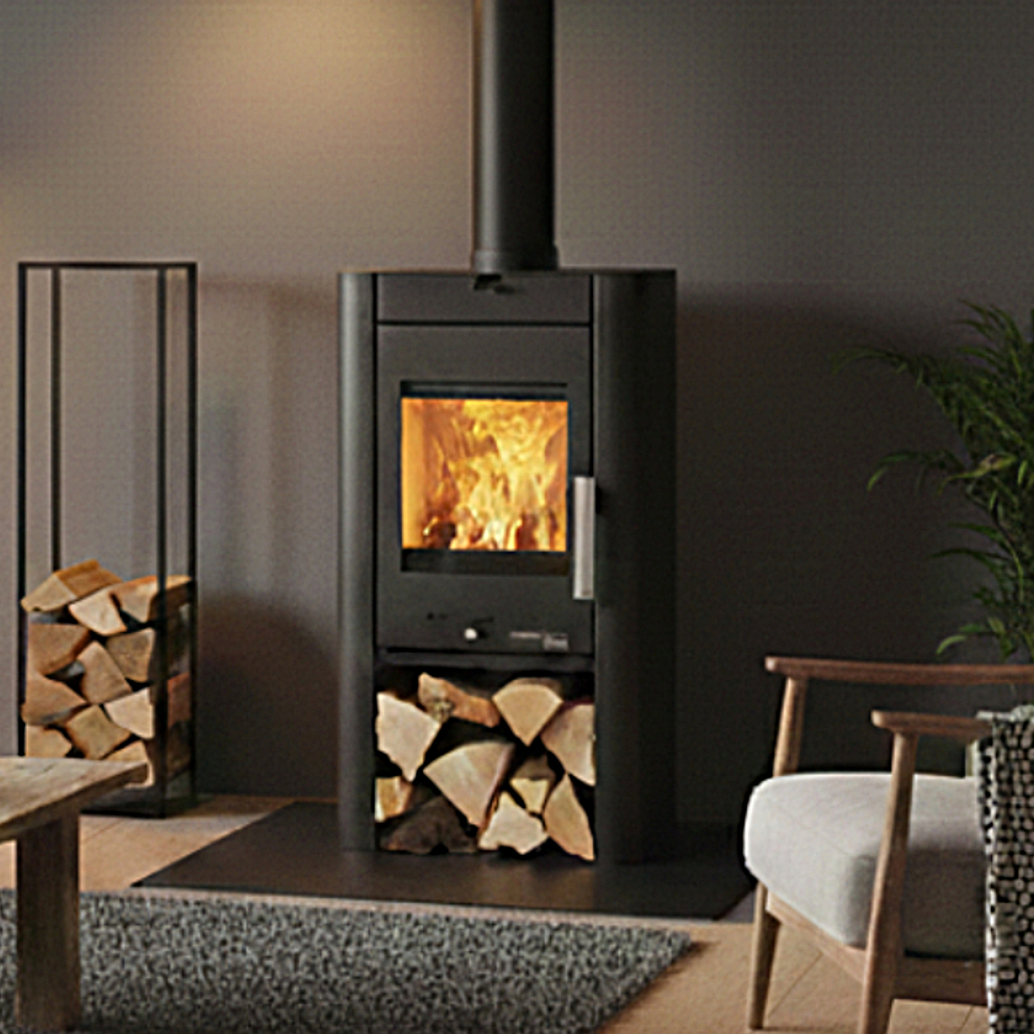 Haas+Sohn PRUNUS II Kaminofen Stein tief-schwarz, Serpentino mit Holzfach