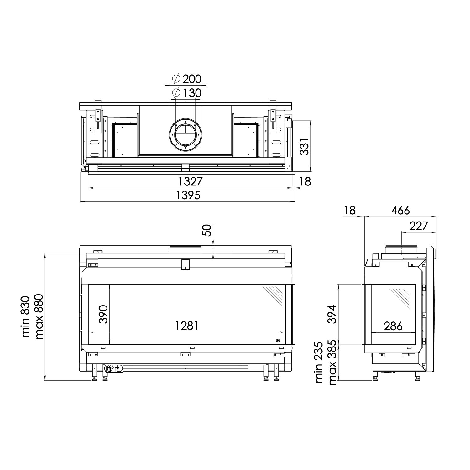 Spartherm DRU Metro 130XT/2 RCH Gas-Kamineinsatz links Ceraglas schwarz G20