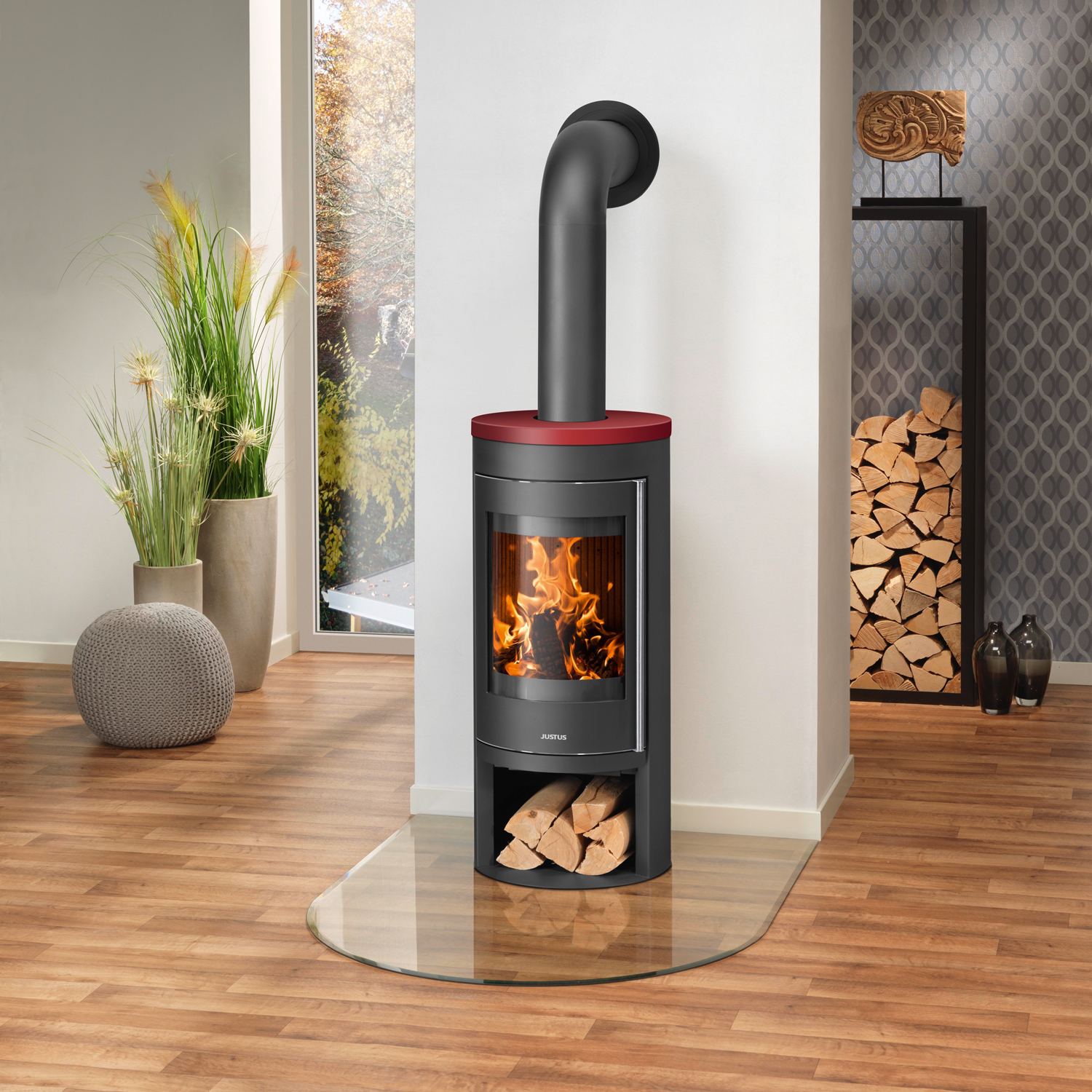 Justus Mino 2.0 Kaminofen Stahl Schwarz mit Keramik-Abdeckplatte Bordeauxrot