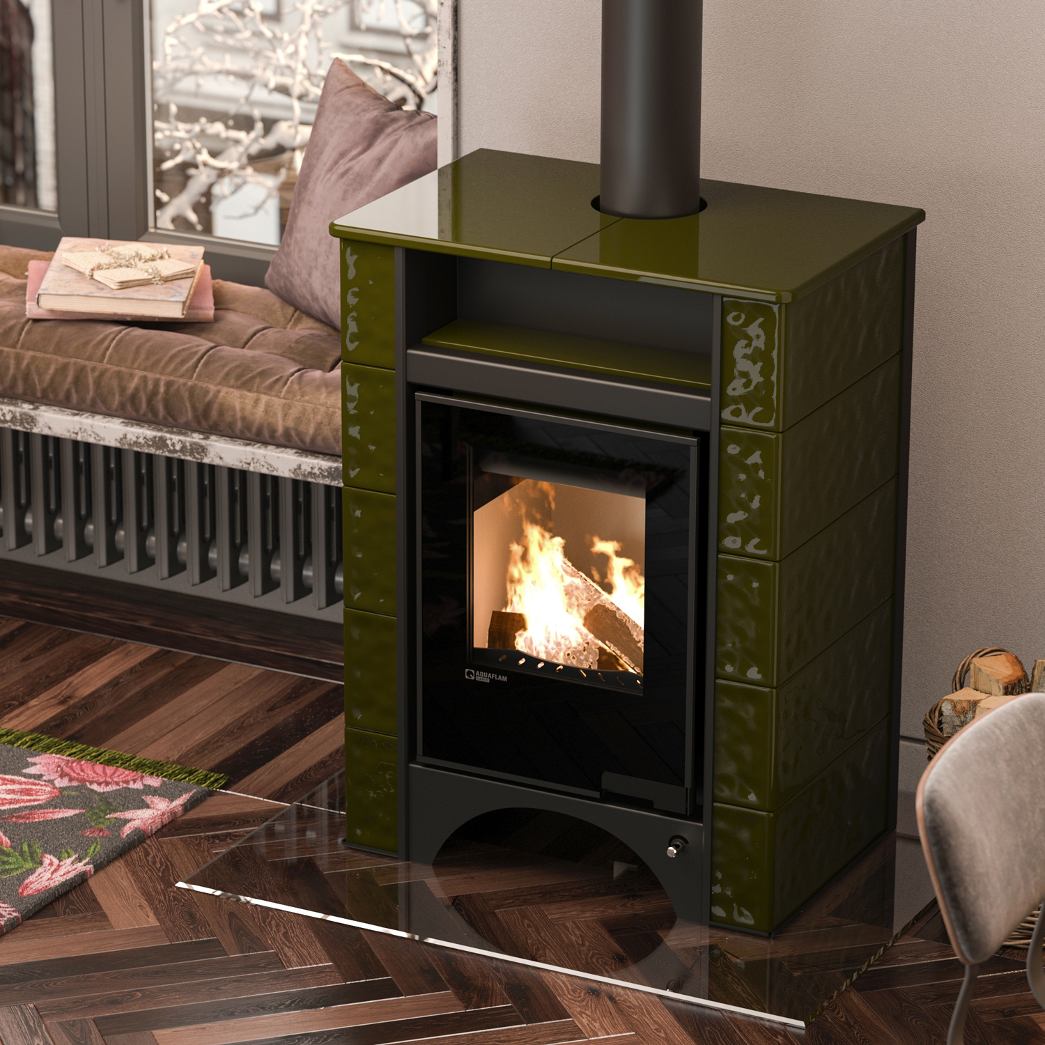 Aquaflam Vario Peru Basic Wasserführender Kaminofen Grün 11/7 kW