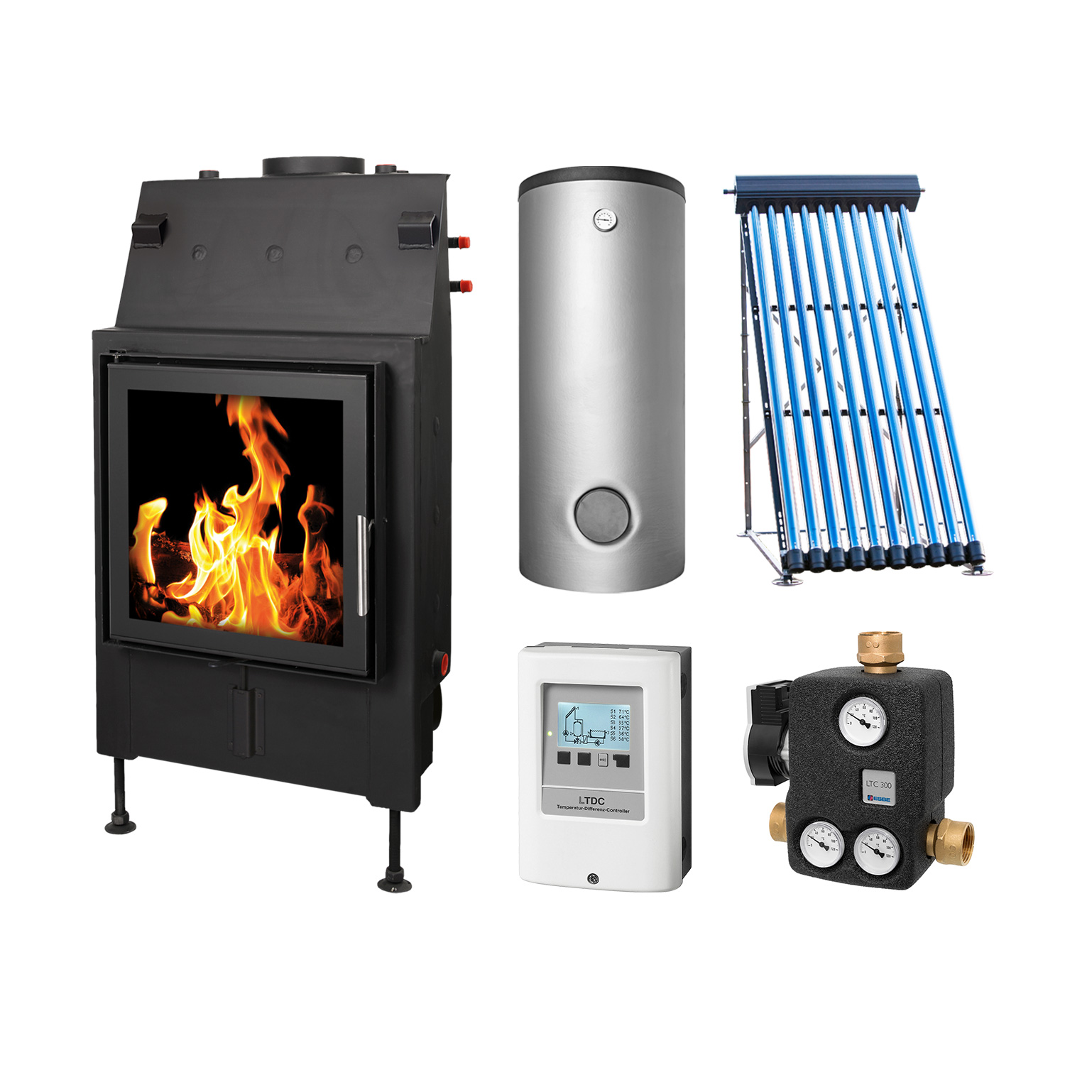 Schmitzker No4 15 kW mit Glasrahmen + Solar-Set 2 (10,11 m²) + Kombispeicher 825 L + SWT