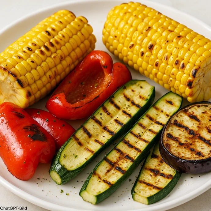 gegrilltes-gemüse-auf-einem-teller:-mais,-paprika,-zucchini,-aubergine