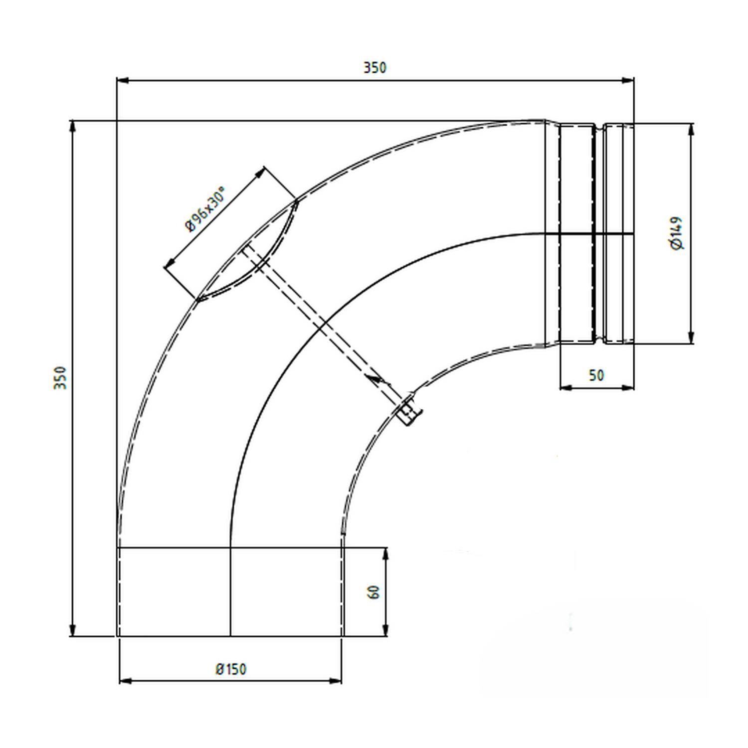 Raik Lifestyle Bogen Durchmesser 150/90° 2,00mm eingezogen glatt mit eingelegter Tür mit Dichtung schwarz für Rauchrohr/ Ofenrohr