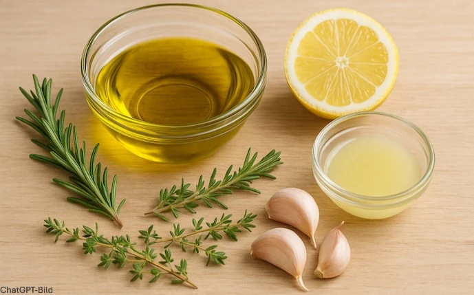 zutaten-für-eine-marinade:-knoblauchzehen,-öl,-zitrone-und-kräuter