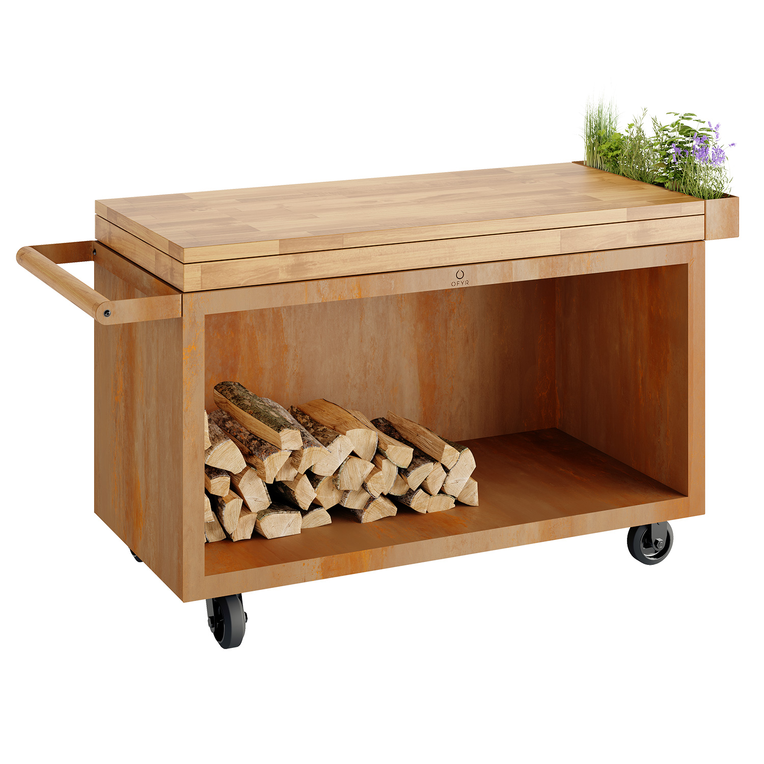OFYR Sockel Corten 135 PRO mit Arbeitsplatte Teakholz OFYR Sockel Corten 135 PRO mit Arbeitsplatte Teakholz
