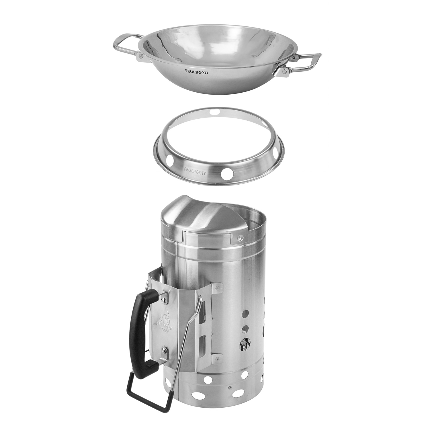 Feuergott Wok Set Edelstahl mit Wokring und Anzündkamin