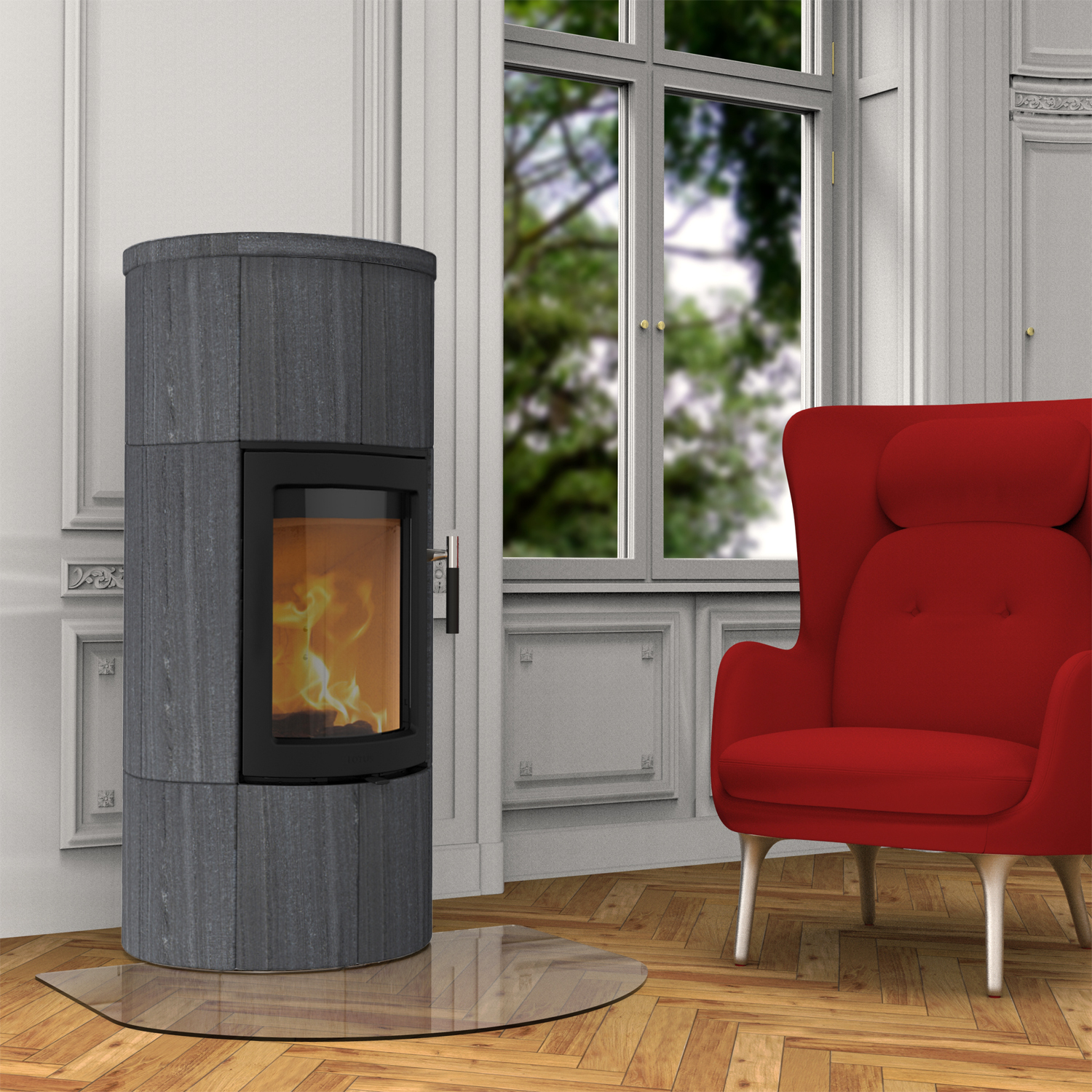 Lotus Maestro 1 Kaminofen Indian Night, Tür Schwarz, Rauchabgang hinten