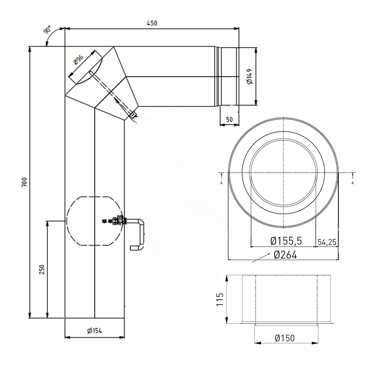 Raik WBG Set Lifestyle Durchmesser 150/90° 2,00mm 3-tlg 700/450 mit eingelegter Tür, mit DKL mit Dichtung grau für Rauchrohr/ Ofenrohr