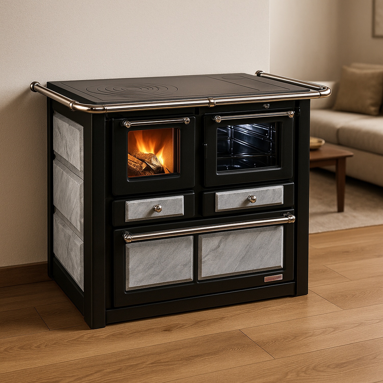 Westminster Holzherd K 85 F II Rauchrohranschluss Naturstein links