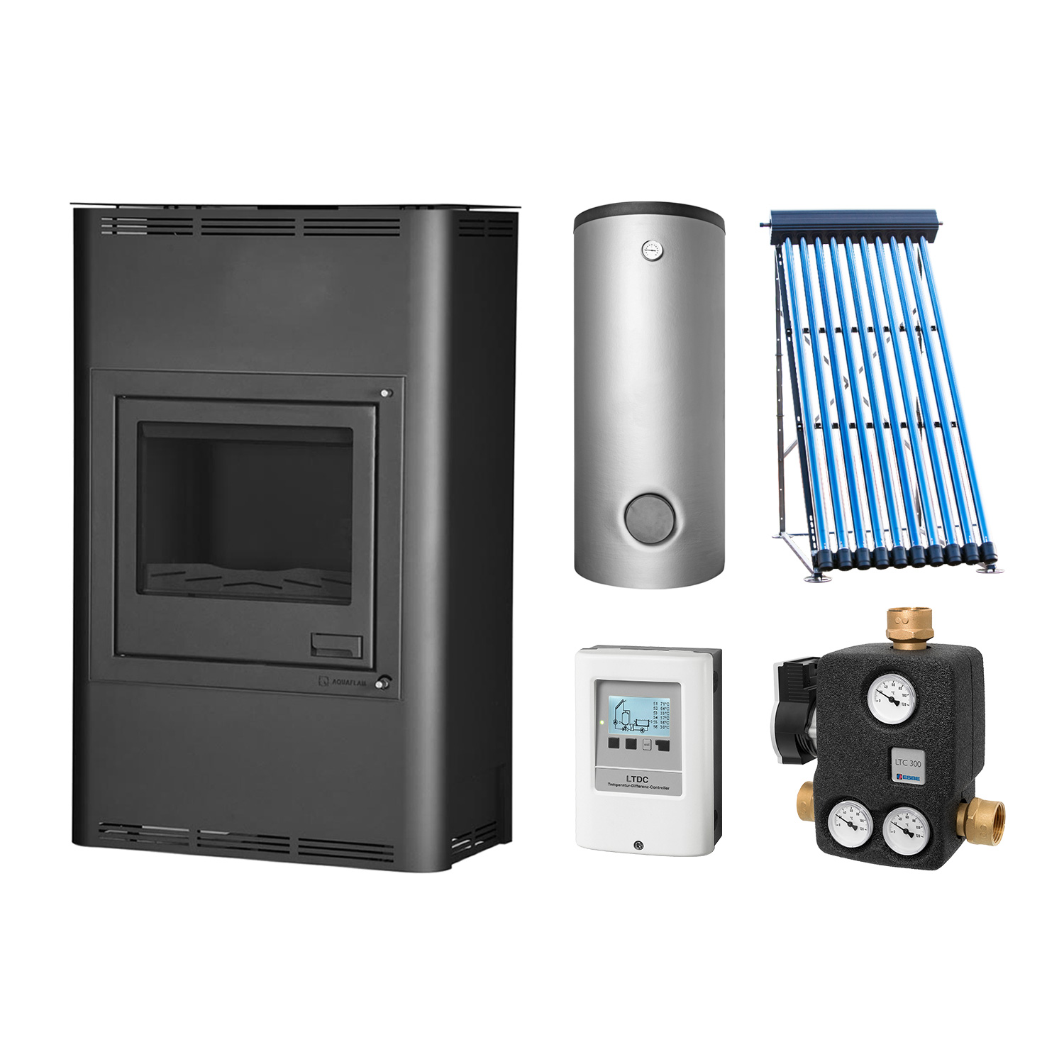 Aquaflam 25 Basic Black Wasserführender Kaminofen Komplett-Set + Solarthermie-Set 5 (18 m²) + Pufferspeicher TPSR 1000 + 1 SWT