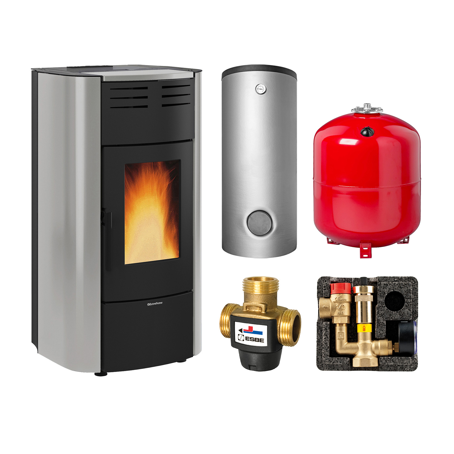 Extraflame Raffaella Idro H18 Stahl Hellgrau Set + Hygienespeicher SH 750 Extraflame Raffaella Idro H18 Stahl Hellgrau Set + Hygienespeicher SH 750