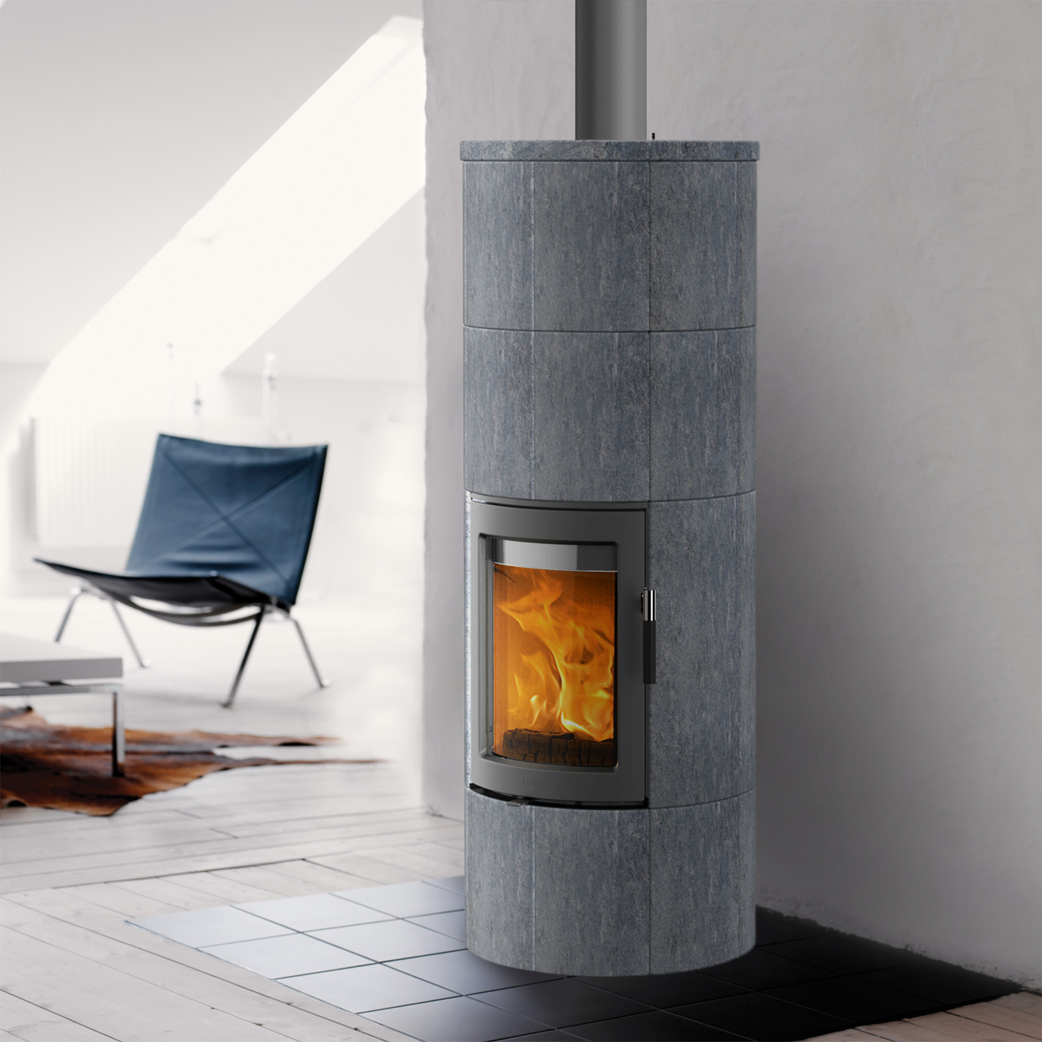 Lotus Maestro 2 Kaminofen Speckstein, Tür Grau, Rauchabgang oben