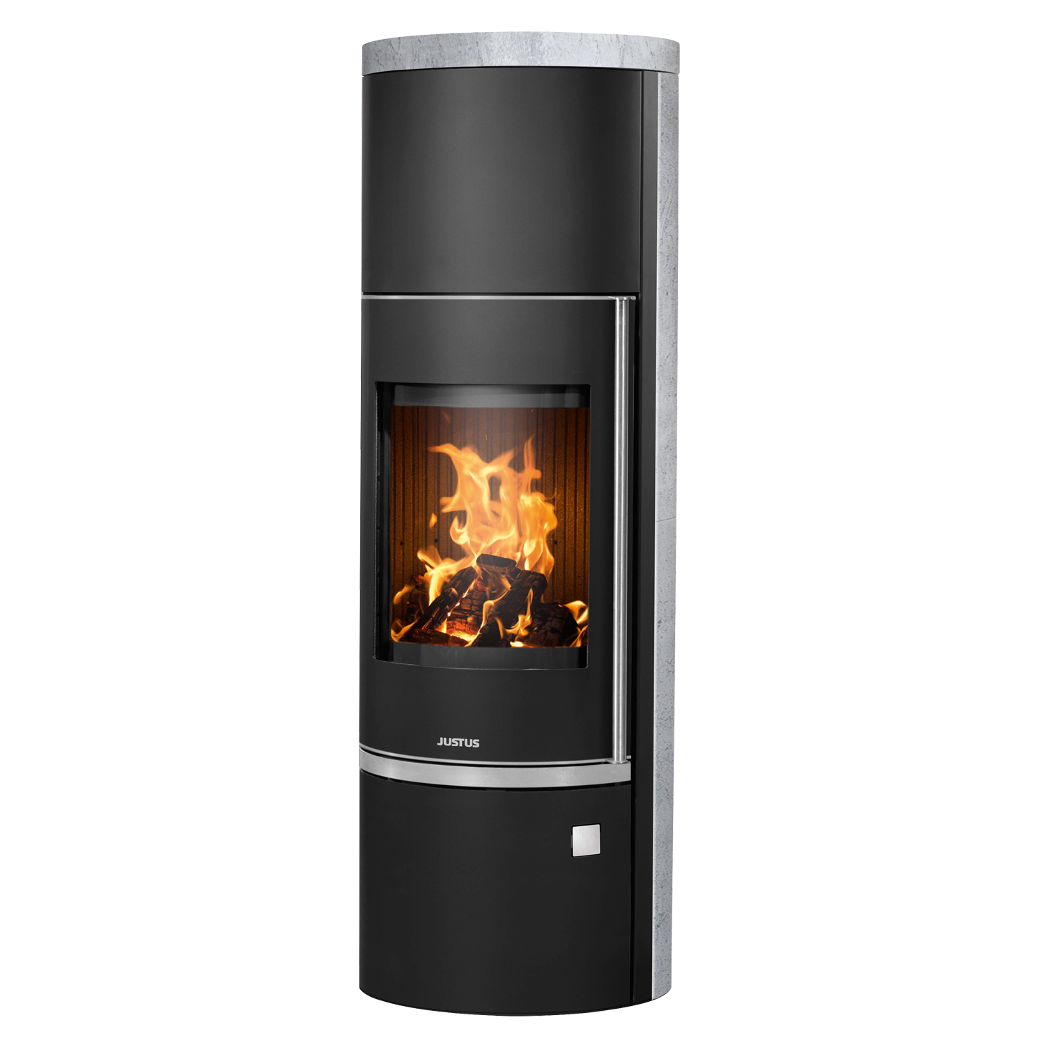 Justus Faro Aqua 2.0, wasserführender Kaminofen Stahl Schwarz/ Speckstein – Komplett-Set mit THKE/F 600 Kombi-Speicher montiert silber
