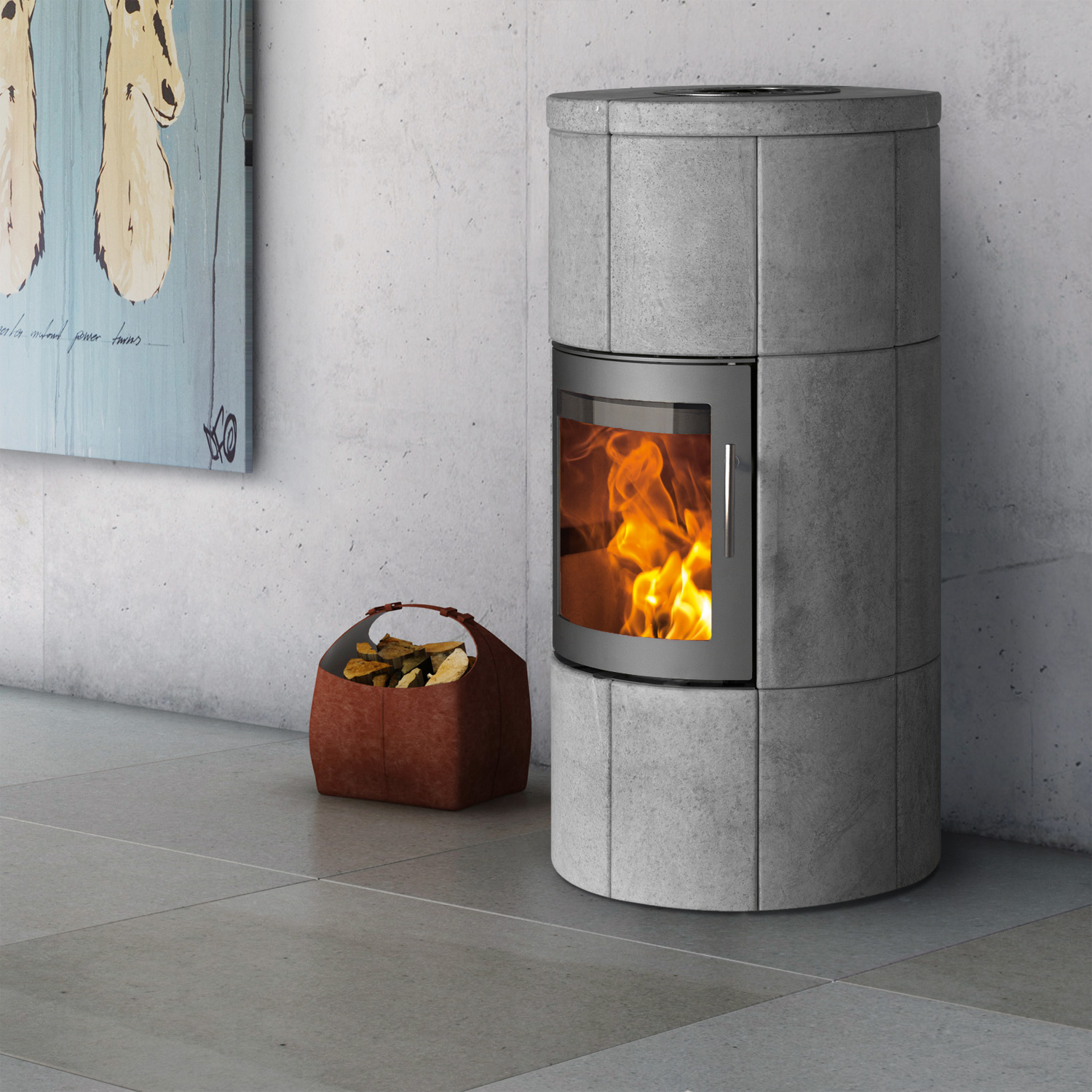 Lotus M1 Kaminofen Grau/ Speckstein, Rauchabgang hinten