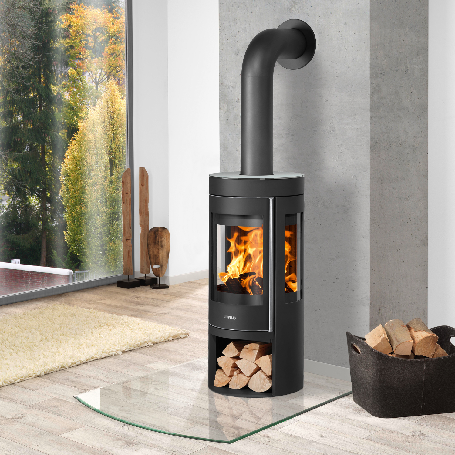 Justus Mino Trios 2.0 Kaminofen Stahl Schwarz mit Glas-Abdeckplatte