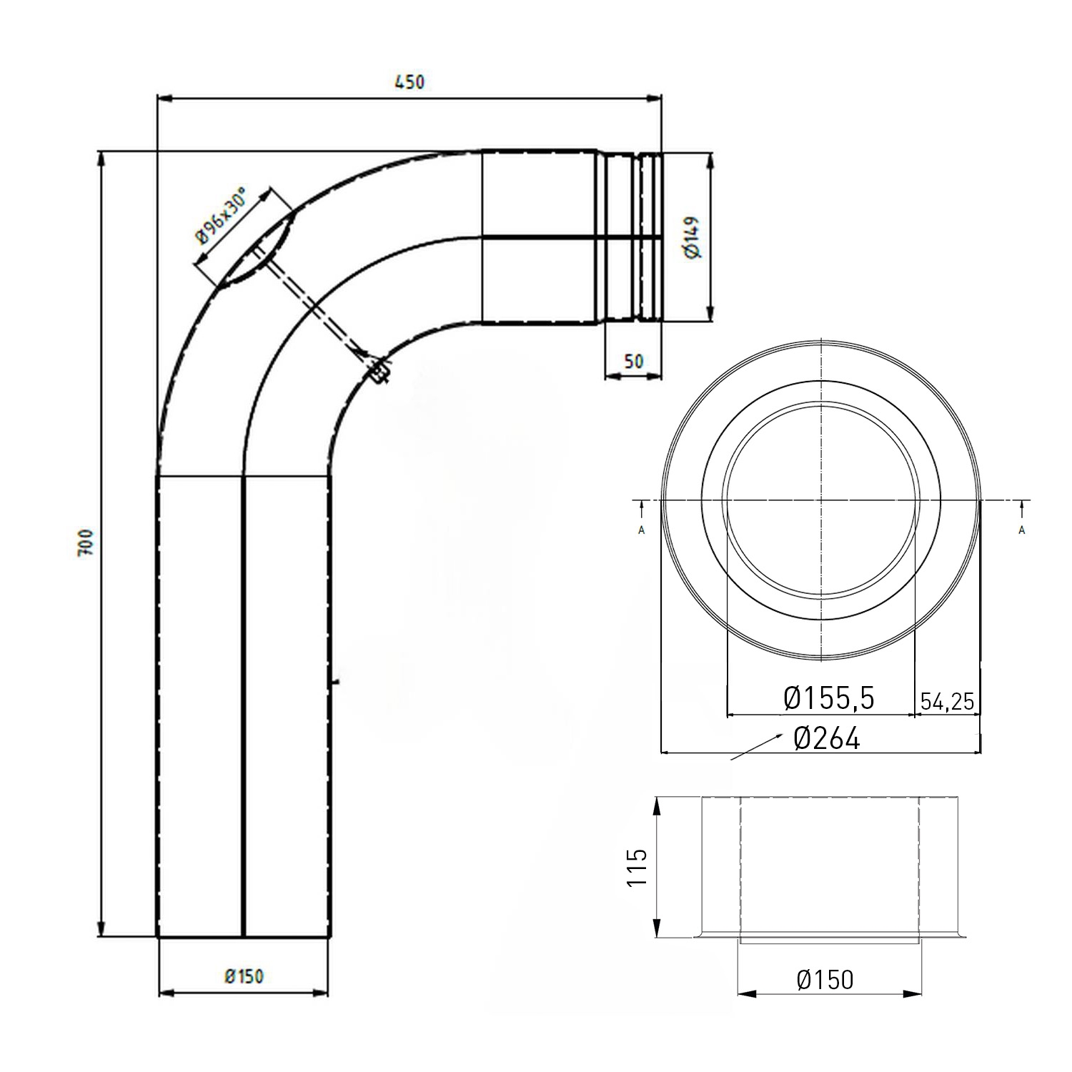 Raik WBG Set Lifestyle Durchmesser 150/90° 2,00mm glatt 700/450 mit eingelegter Tür mit Dichtung grau für Rauchrohr/ Ofenrohr