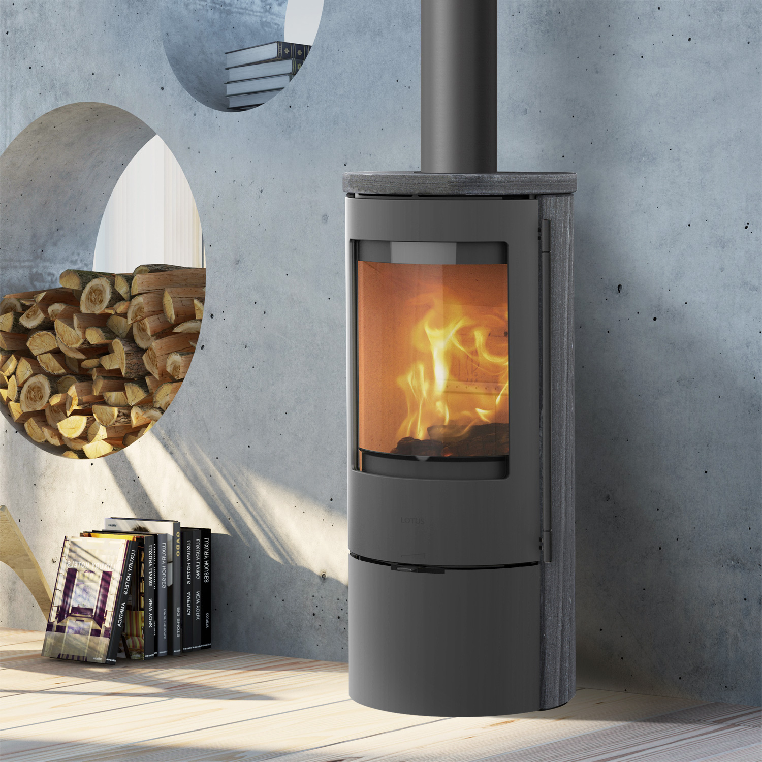 Lotus Prestige Basic S Kaminofen Grau/ Indian Night, DIBT, Griff Classic, RR hinten od. RR oben/ optionale Griffvarianten