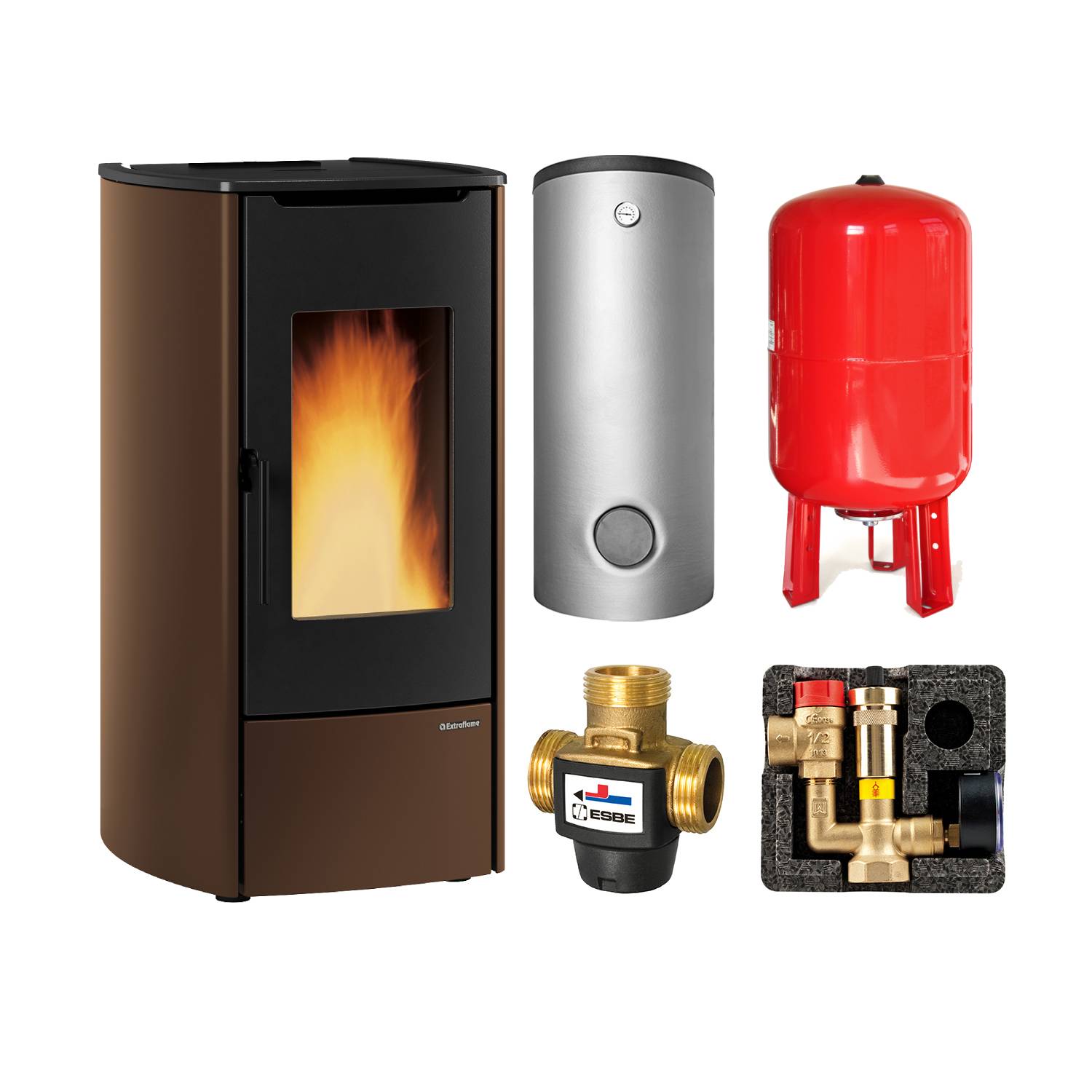Extraflame Marina Idro 16. H11 wasserführender Pelletofen Stahl Bronze - SH 550 Hygiene-Schichtenkombispeicher montiert silber -Heizungsausdehnungsgefäß 80 L