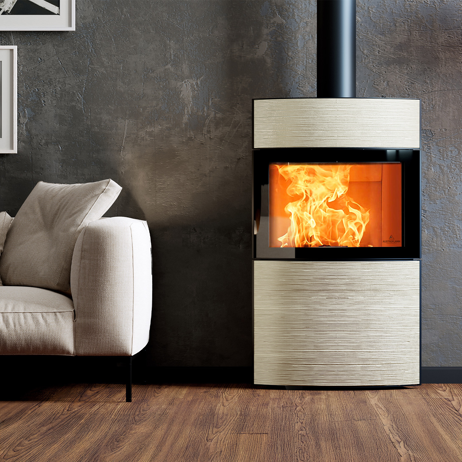 Austroflamm Fynn Xtra 2.0 Kaminofen Stahl schwarz / Keramik Rille Mondstein