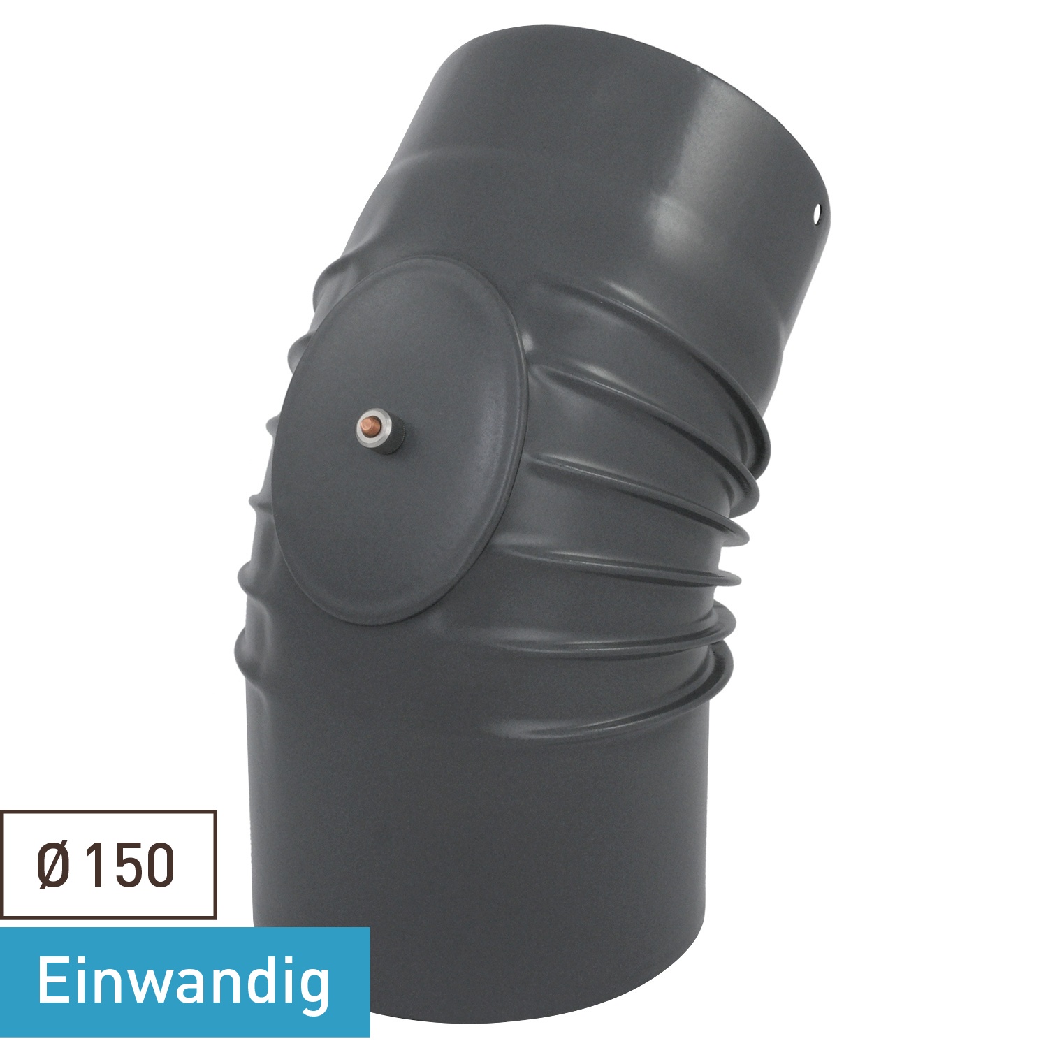 Raik Rauchrohrbogen / Ofenrohrbogen Emaille 150mm - 45° Bogen gerippt Grau mit Reinigungsöffnung