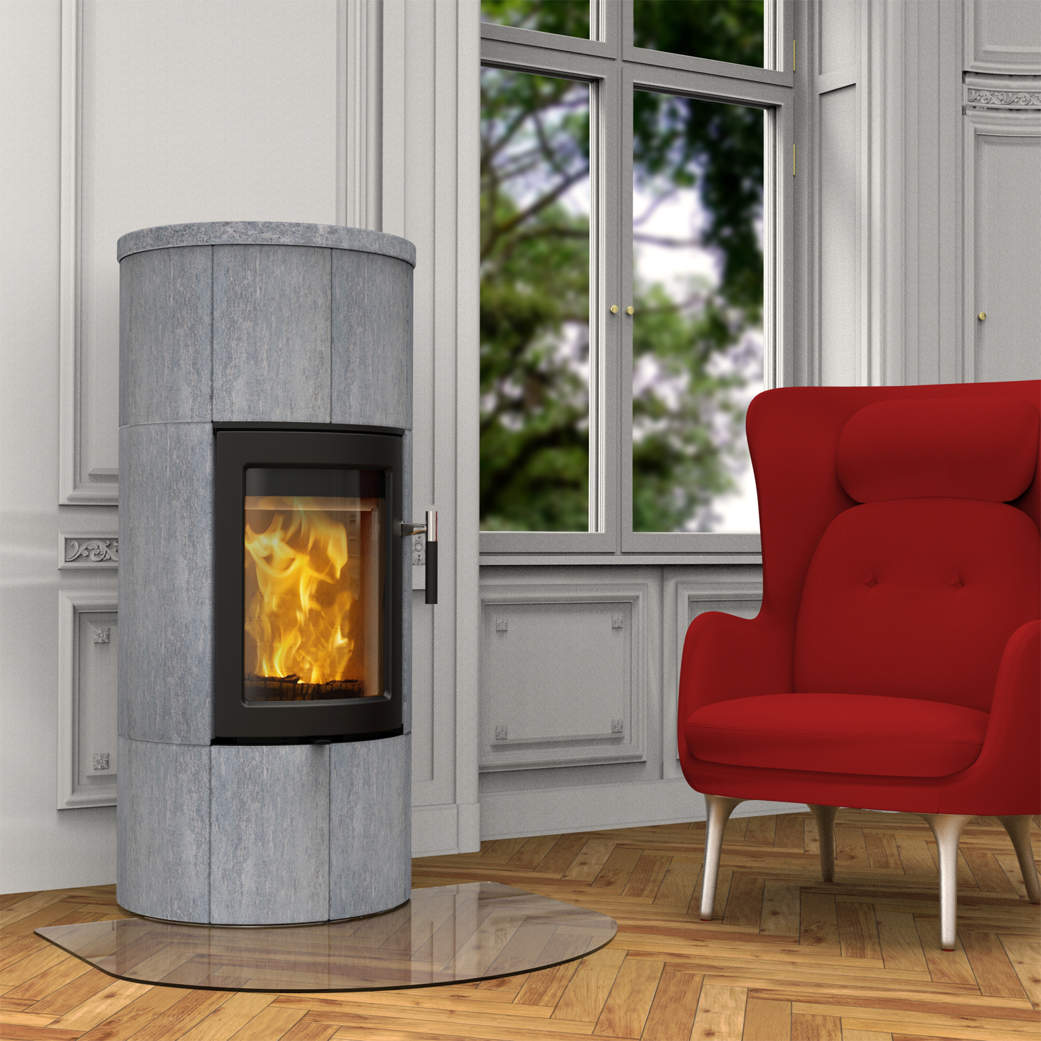 Lotus Maestro 1 Kaminofen Speckstein, Tür Schwarz, Rauchabgang hinten