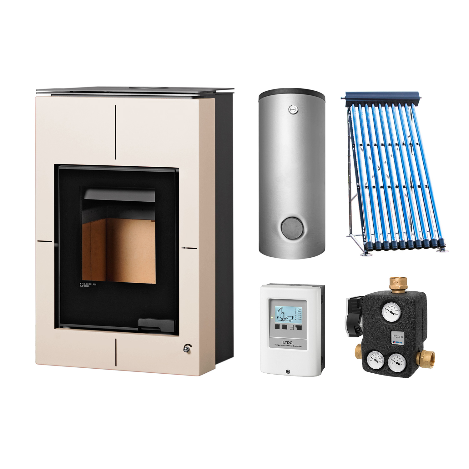 Aquaflam Vario Saporo Basic Creme Set + Solarthermie-Set 2 (11 m²) + Kombispeicher THKE 600 + SWT