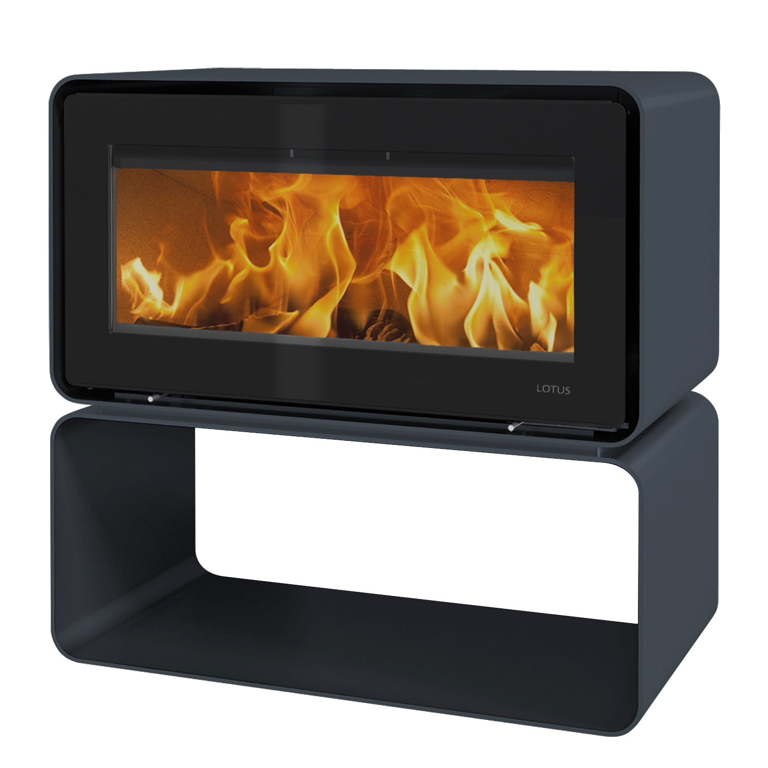 Lotus Living Cube Kaminofen Ocean Dark, Rauchabgang hinten Lotus Living Cube Kaminofen Ocean Dark, Rauchabgang hinten